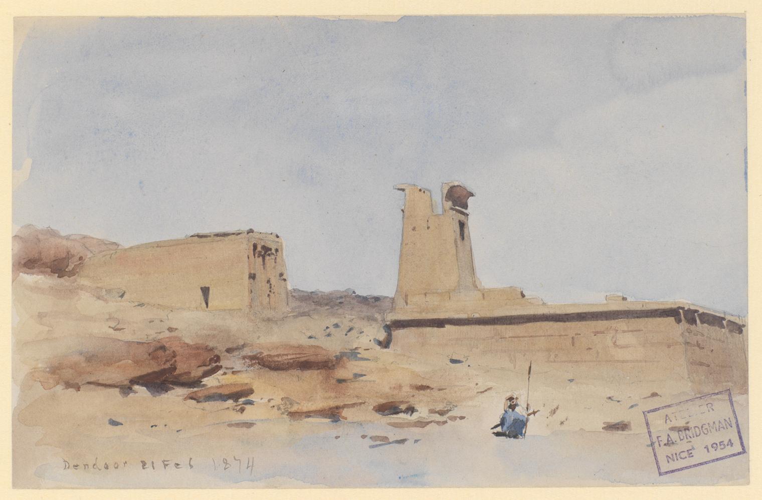 Watercolor and gouache on off-white wove paper of the Temple of Dendur, showing the pylon and terrace