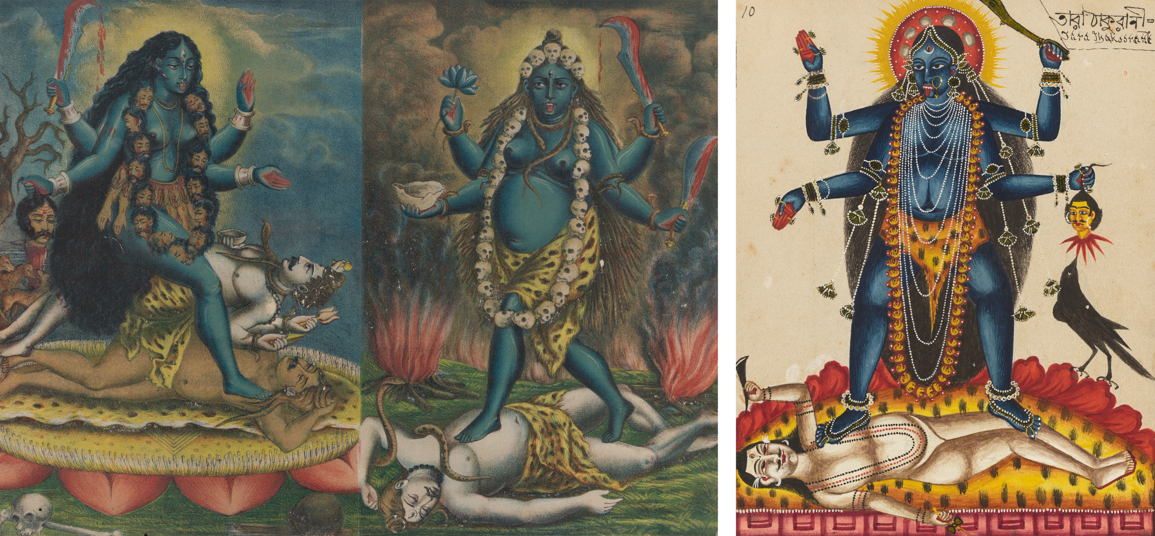 Three images of goddesses, each holding swords, adorned with body parts, and standing atop a prone male figure.
