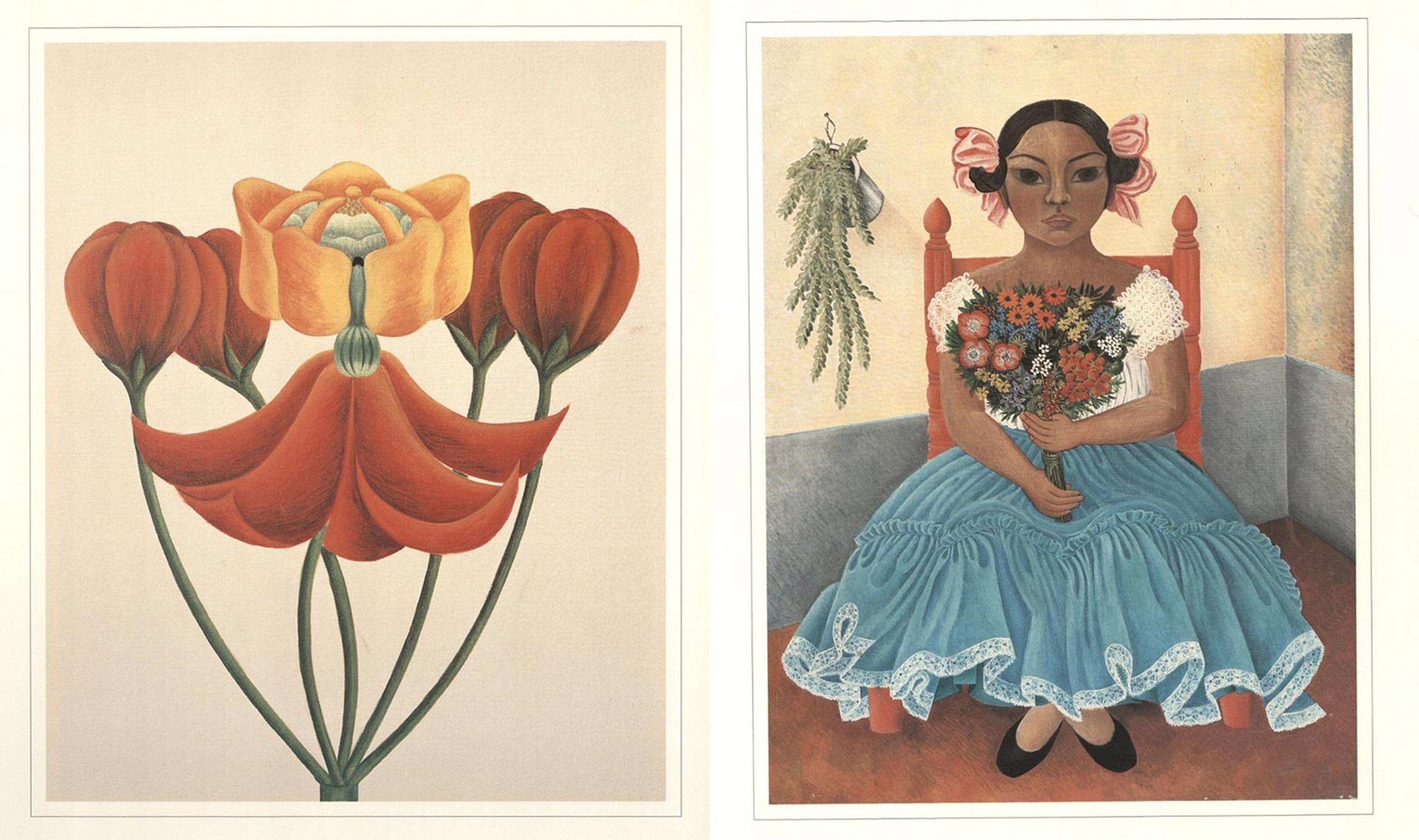 Left: painting of red and yellow flowers. Right: painting of a young seated woman holding a bouquet of flowers, wearing a blue skirt with white lace edging