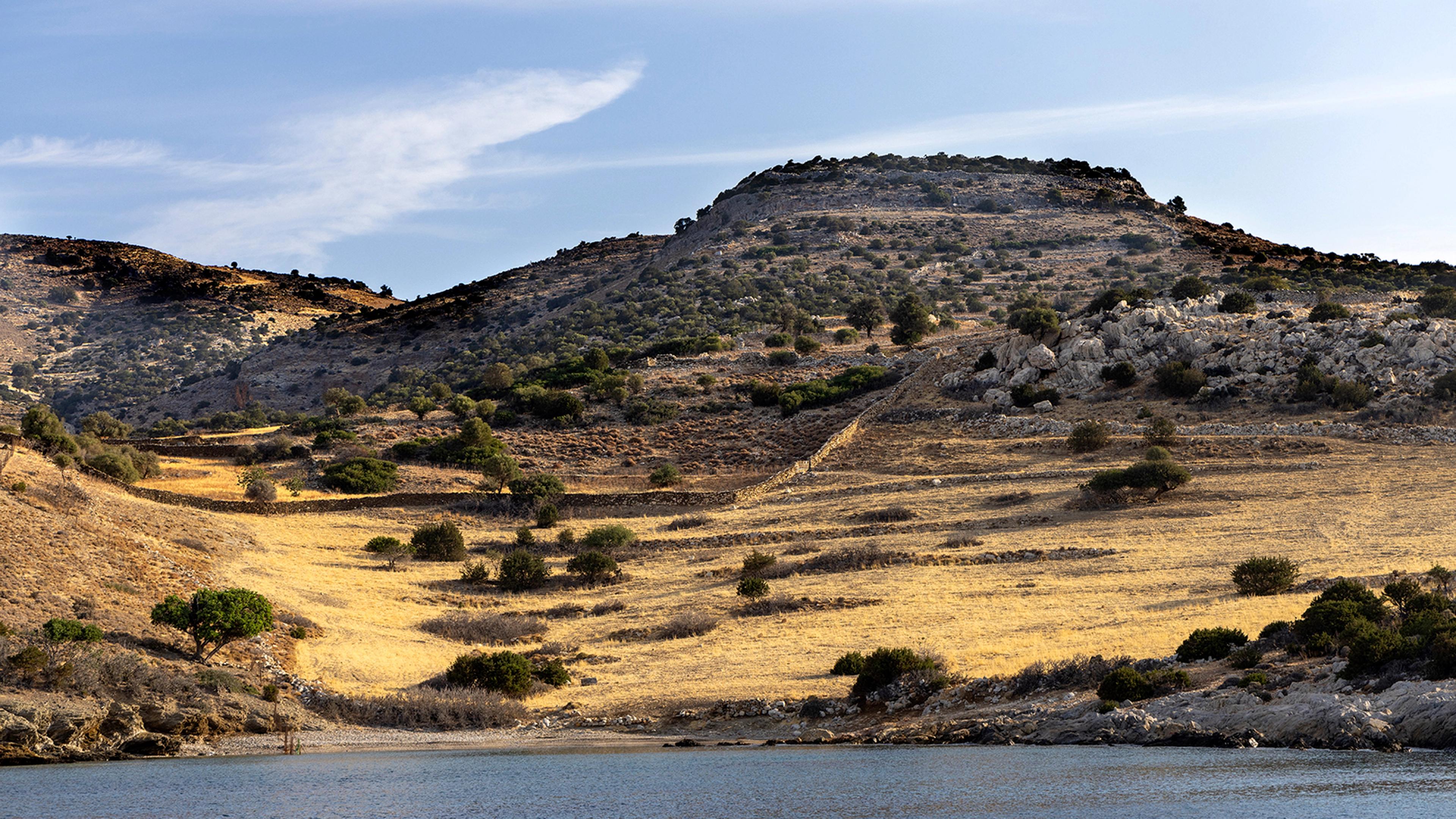 A scenic landscape showing rocky hills dotted with brush in the background, giving way to a yellow field and smooth gray-blue water.