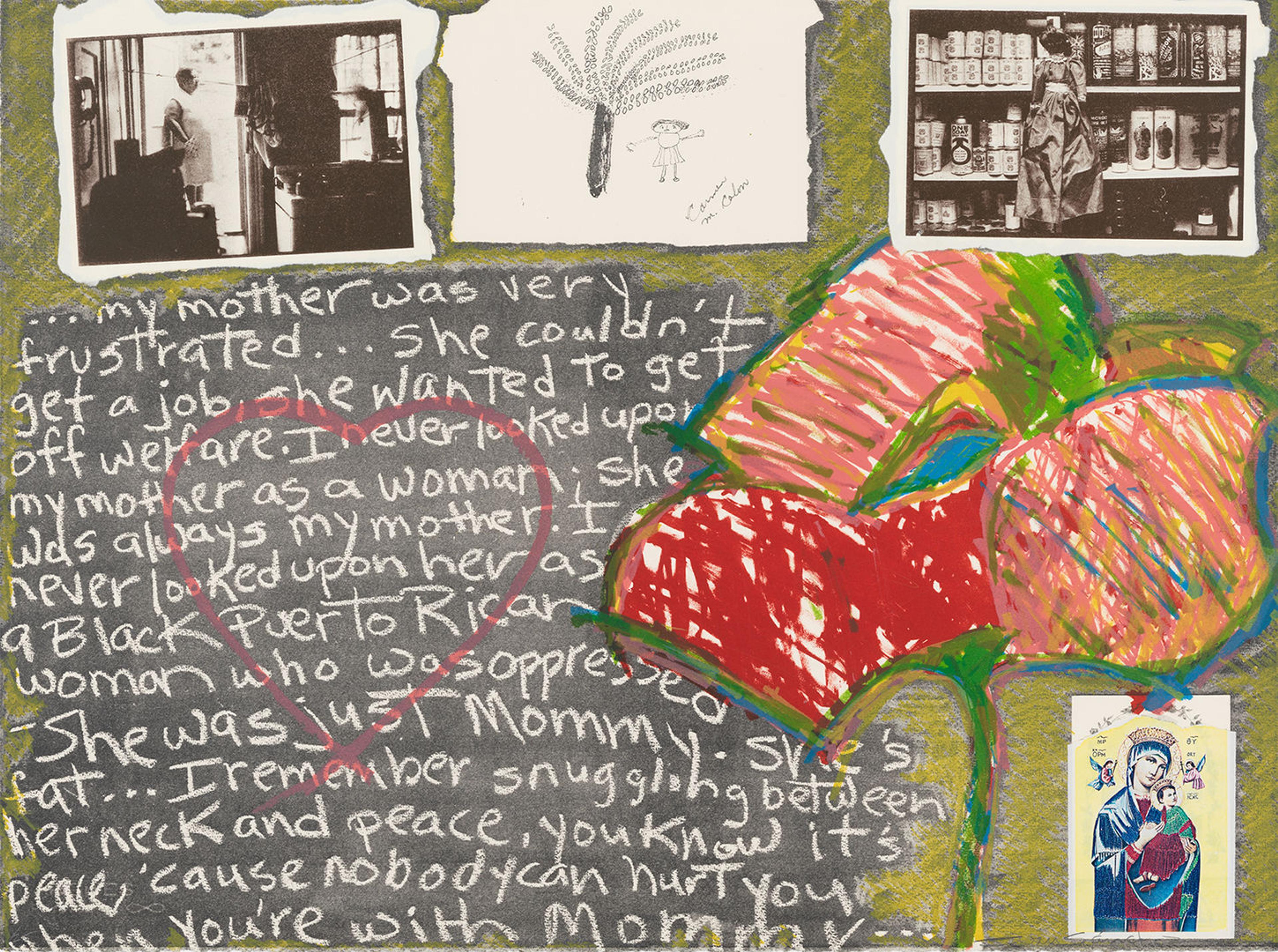 A mixed-media collage decorated with two black-and-white photos, a childlike drawing, and an image of the Virgin Mary and Jesus surrounding a drawing of a flower and poem about the artist's mother.