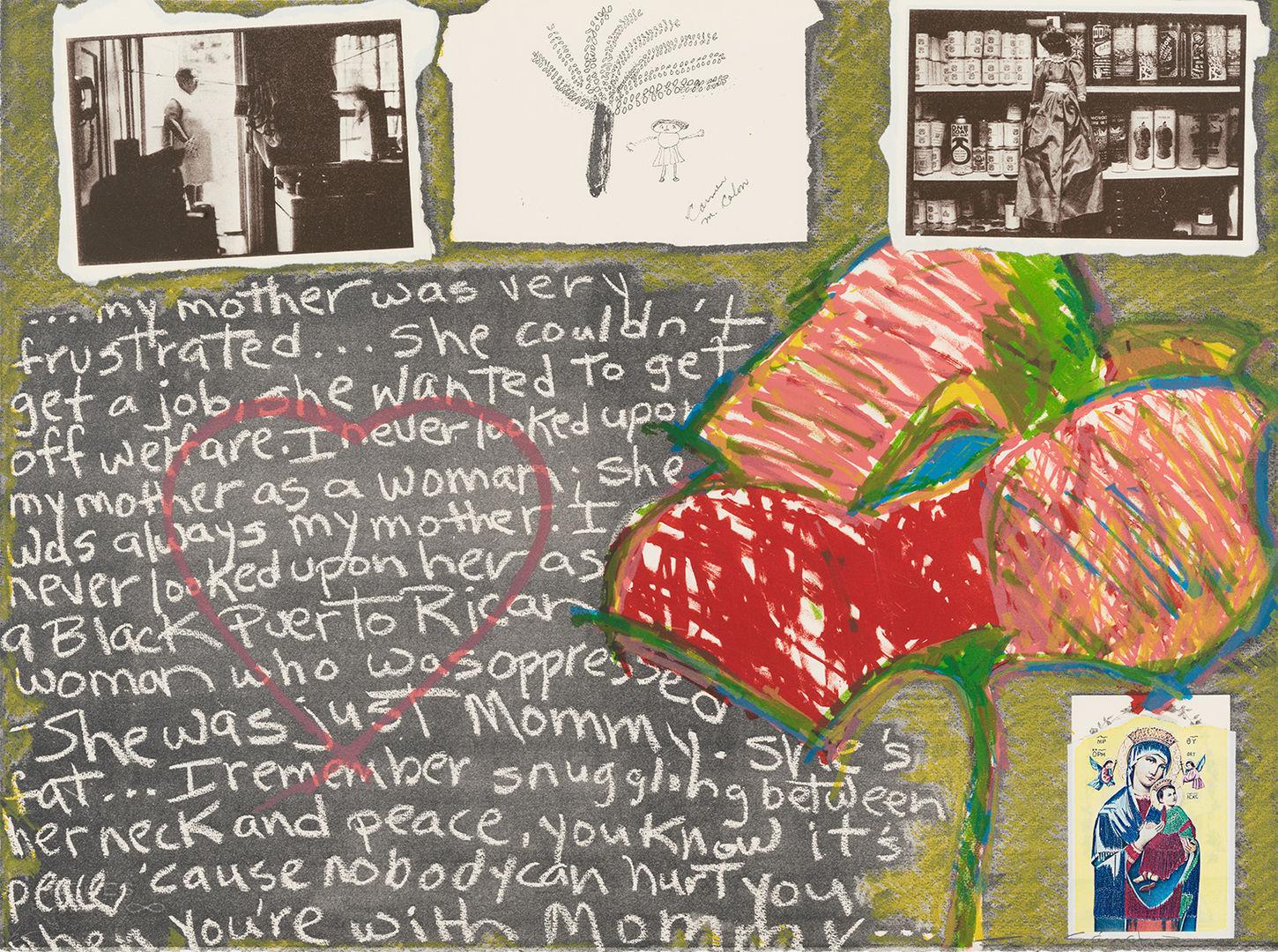 A mixed-media collage decorated with two black-and-white photos, a childlike drawing, and an image of the Virgin Mary and Jesus surrounding a drawing of a flower and poem about the artist's mother.