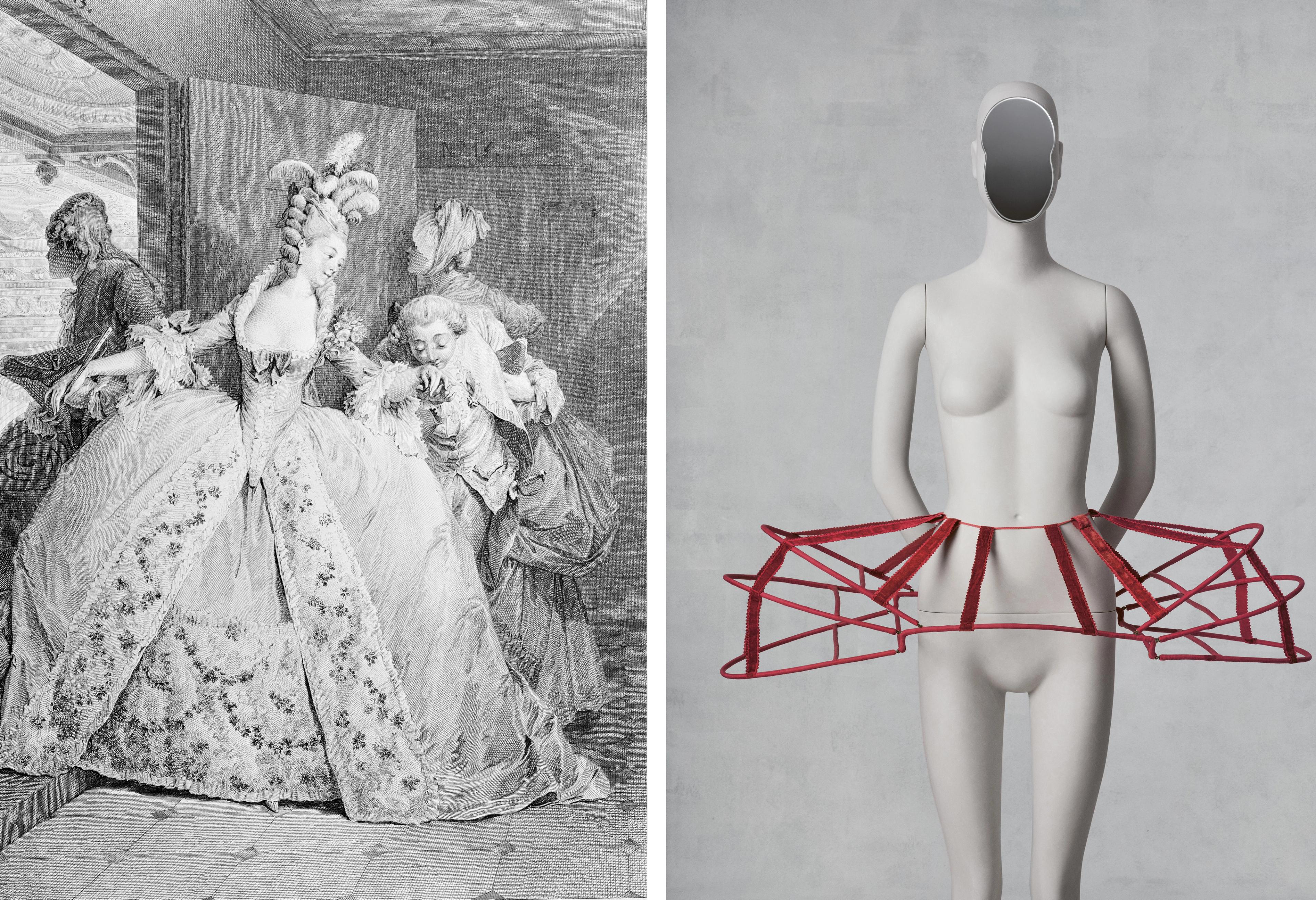 Left: An etching of a woman in an elaborate 18th-century gown with floral patterns, surrounded by attendants. Right: A mannequin wearing a modern red wireframe hoop skirt.