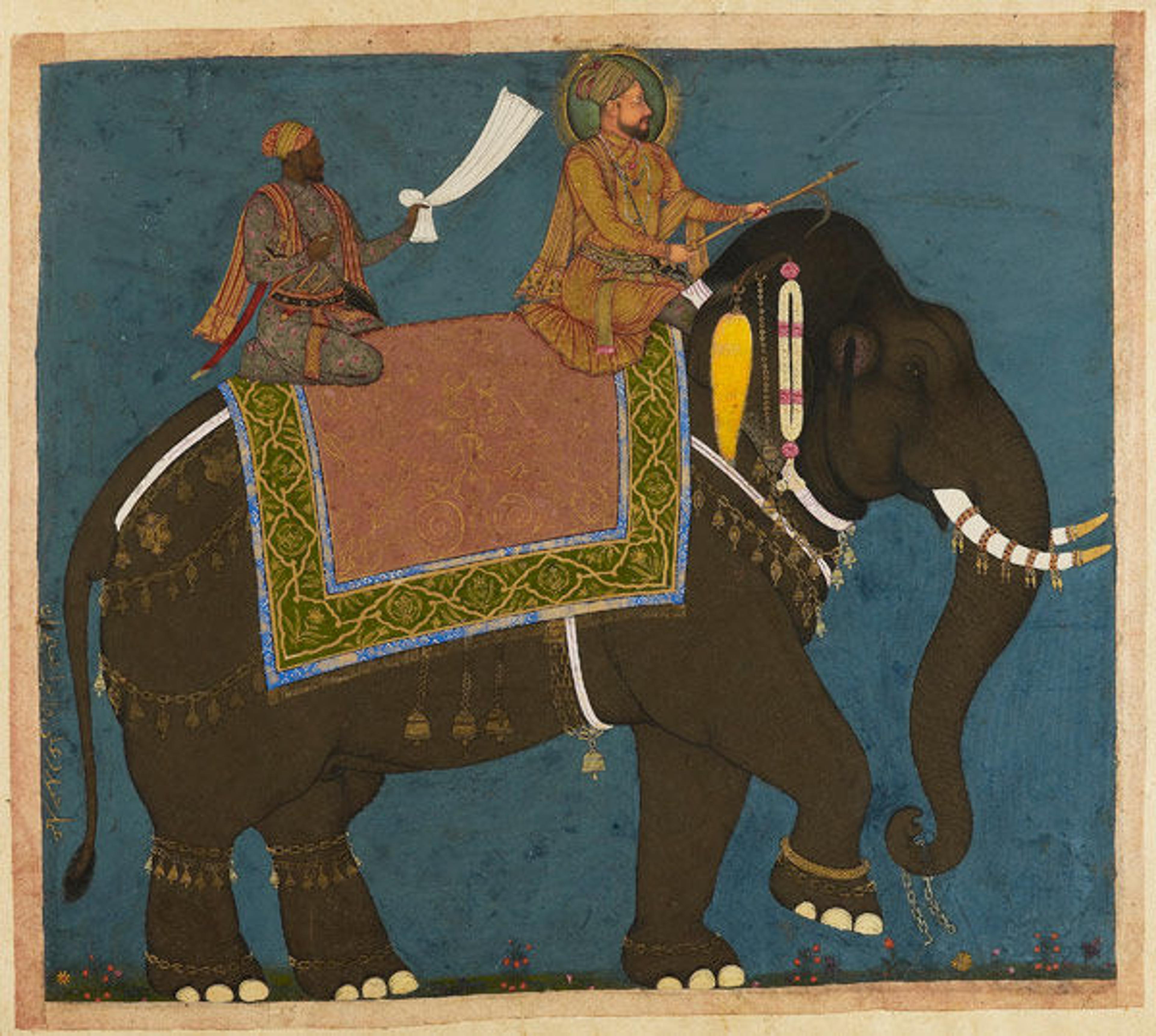 Sultan Muhammad 'Adil Shah and Ikhlas Khan Riding an Elephant, (detail) ca. 1645. India, Deccan, Bijapur. Ink, opaque watercolor, and gold on paper, The Ashmolean Museum, Oxford. Lent by Howard Hodgkin