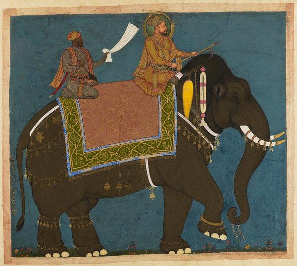 Sultan Muhammad 'Adil Shah and Ikhlas Khan Riding an Elephant, (detail) ca. 1645. India, Deccan, Bijapur. Ink, opaque watercolor, and gold on paper, The Ashmolean Museum, Oxford. Lent by Howard Hodgkin