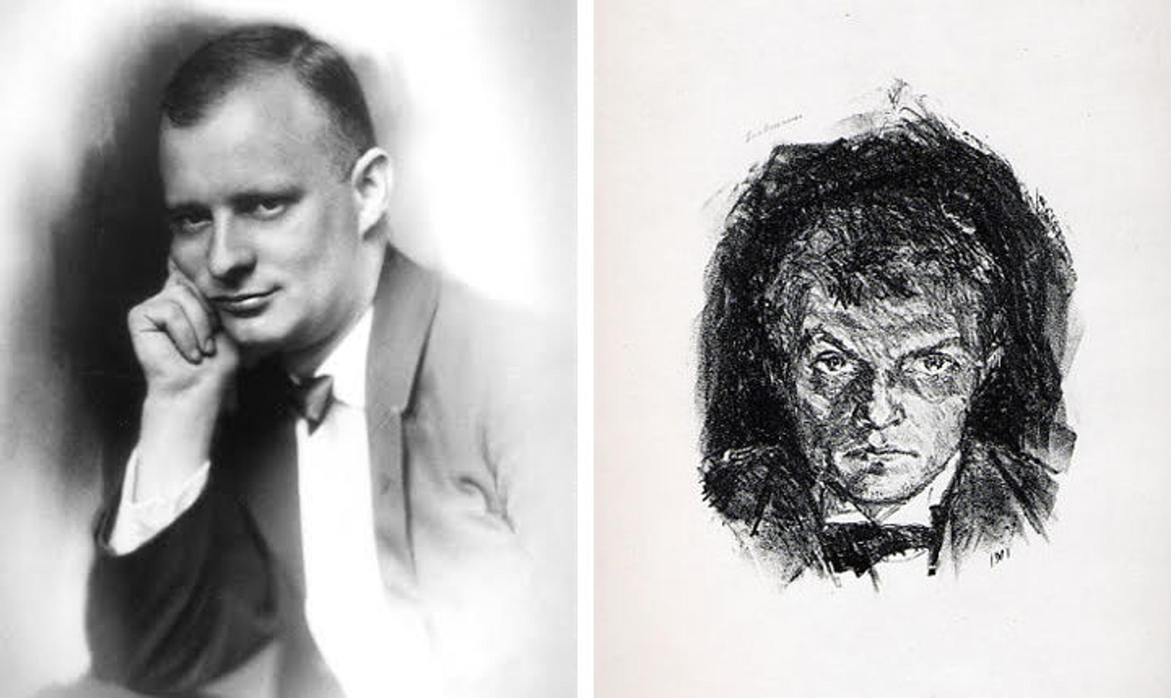 Photo of composer Paul Hindemith in 1923 (left) and a 1911 lithograph self-portrait by artist Max Beckmann (right)