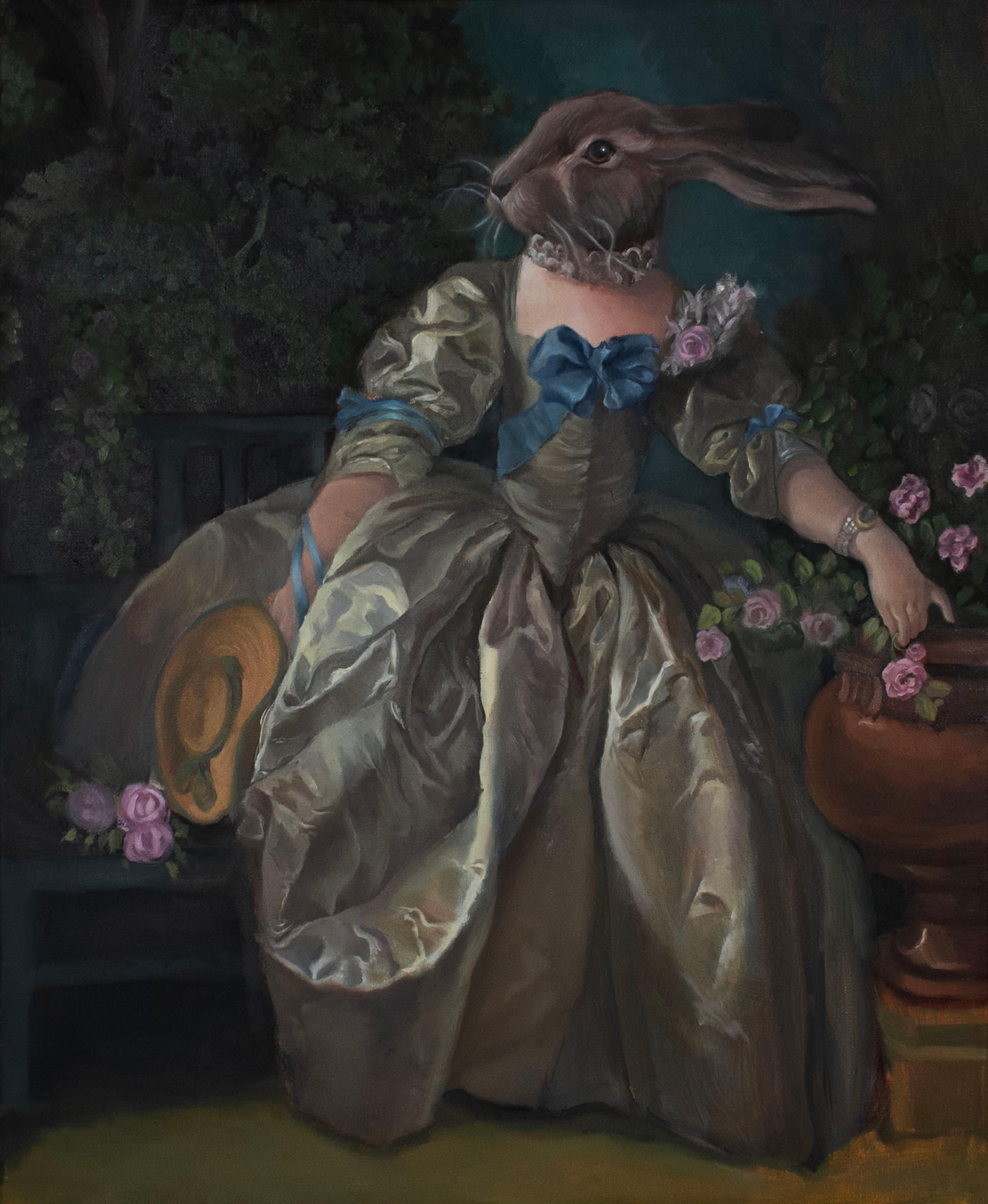 Oil painting of a child-sized human figure standing in a garden, wearing a billowing gray satin dress from the eighteenth century, next to a brown vase on the right filled with pink flowers. The figure wears a frilly neck collar. Above the collar, the figure has the face, head, and long ears of a brown hare and faces to the left. The figure wears a tied blue bow at the top of its dress, and holds a light brown brimmed hat low in its right hand, off to the side. The figure's left hand rests above the flowered vase to the right. The left and right sleeves of the dress are decorated with tied blue bows, and a wall of green bushes rises in the background behind a dark blue railing.
