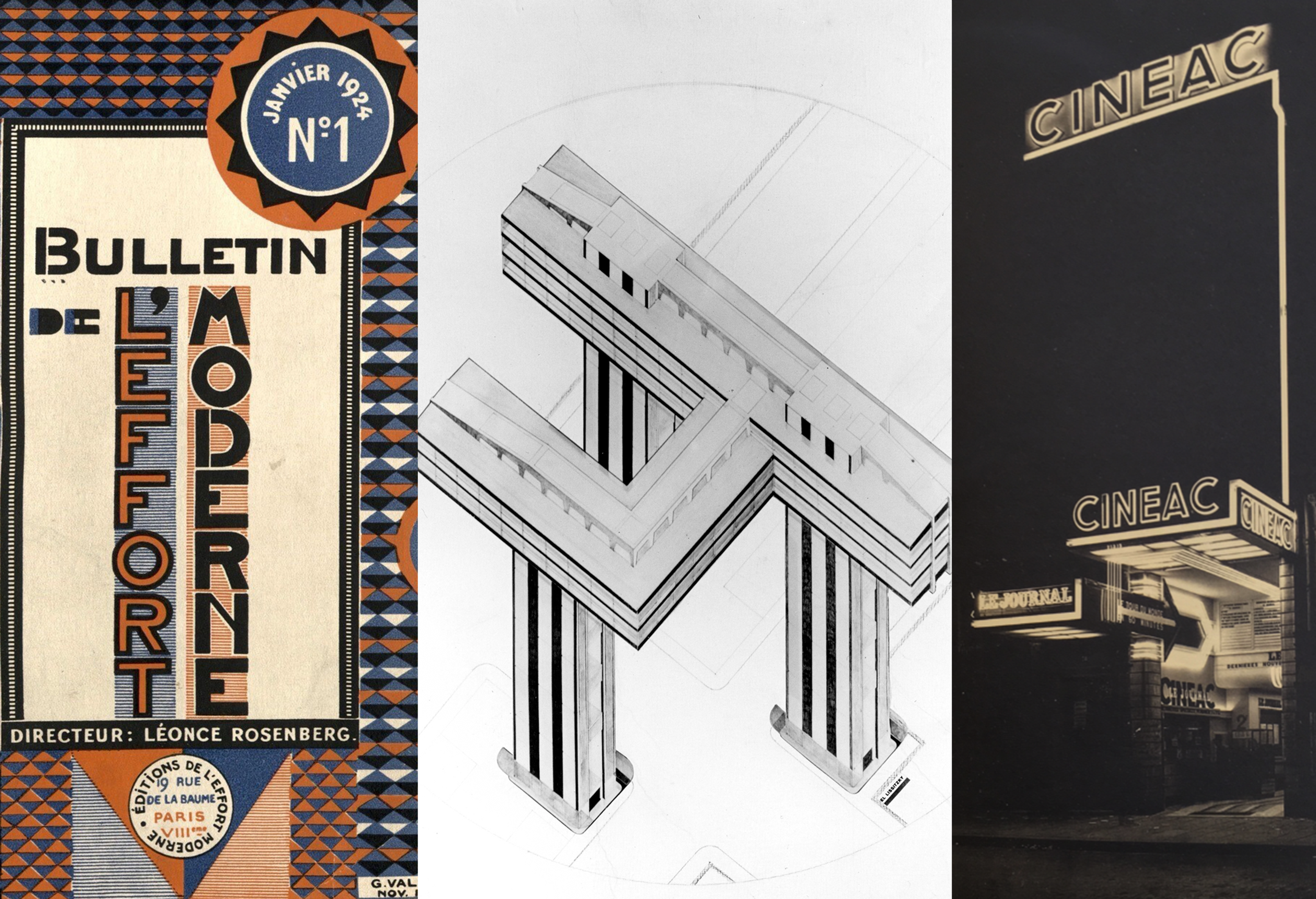 Three book covers, one reading "Bulletin de L'Effort Moderne", one building illustration, and one old cinema