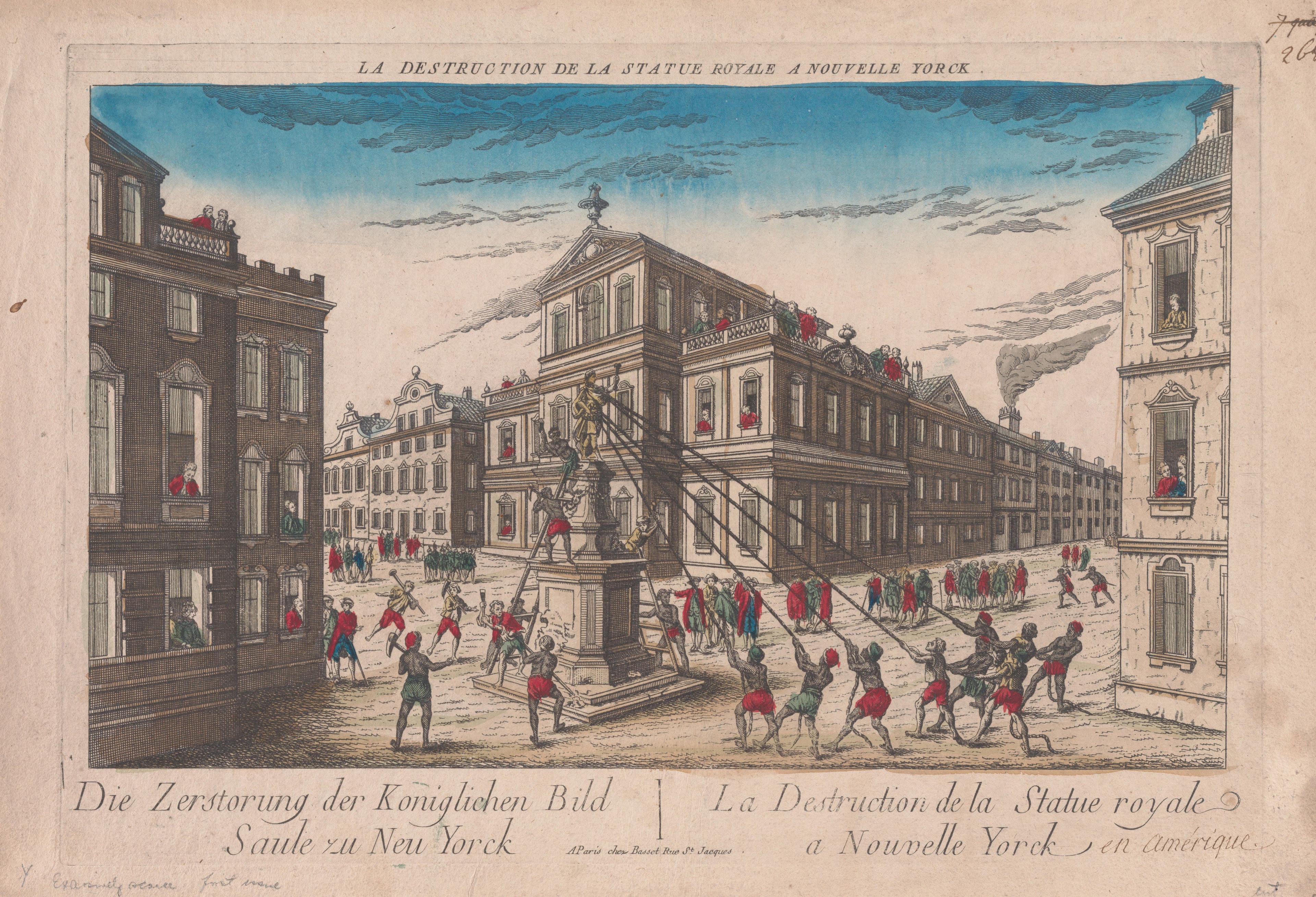 Historical illustration of a city square with people pulling down a statue using ropes. The scene is lively, with figures in red and blue outfits. Buildings surround the square.