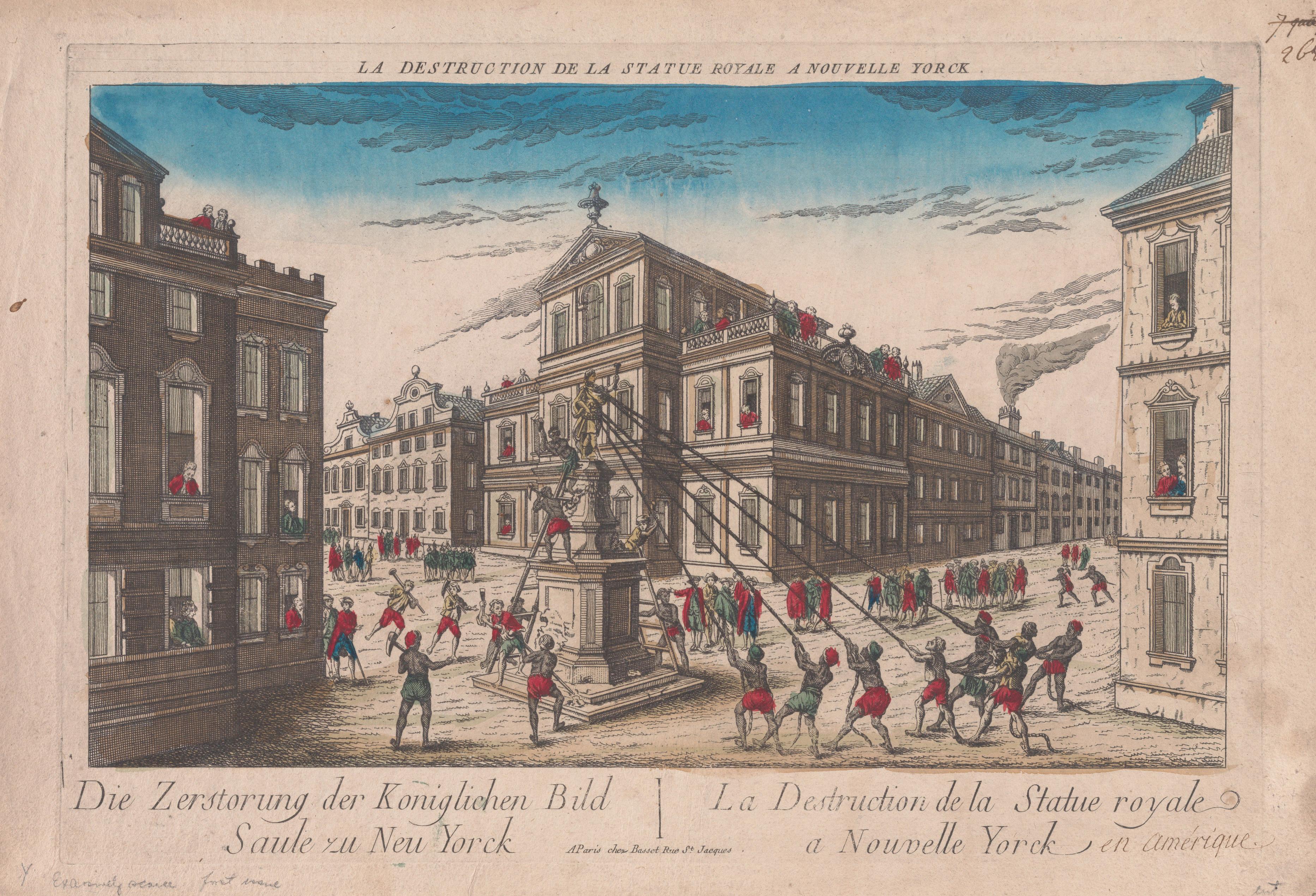 Historical illustration of a city square with people pulling down a statue using ropes. The scene is lively, with figures in red and blue outfits. Buildings surround the square.