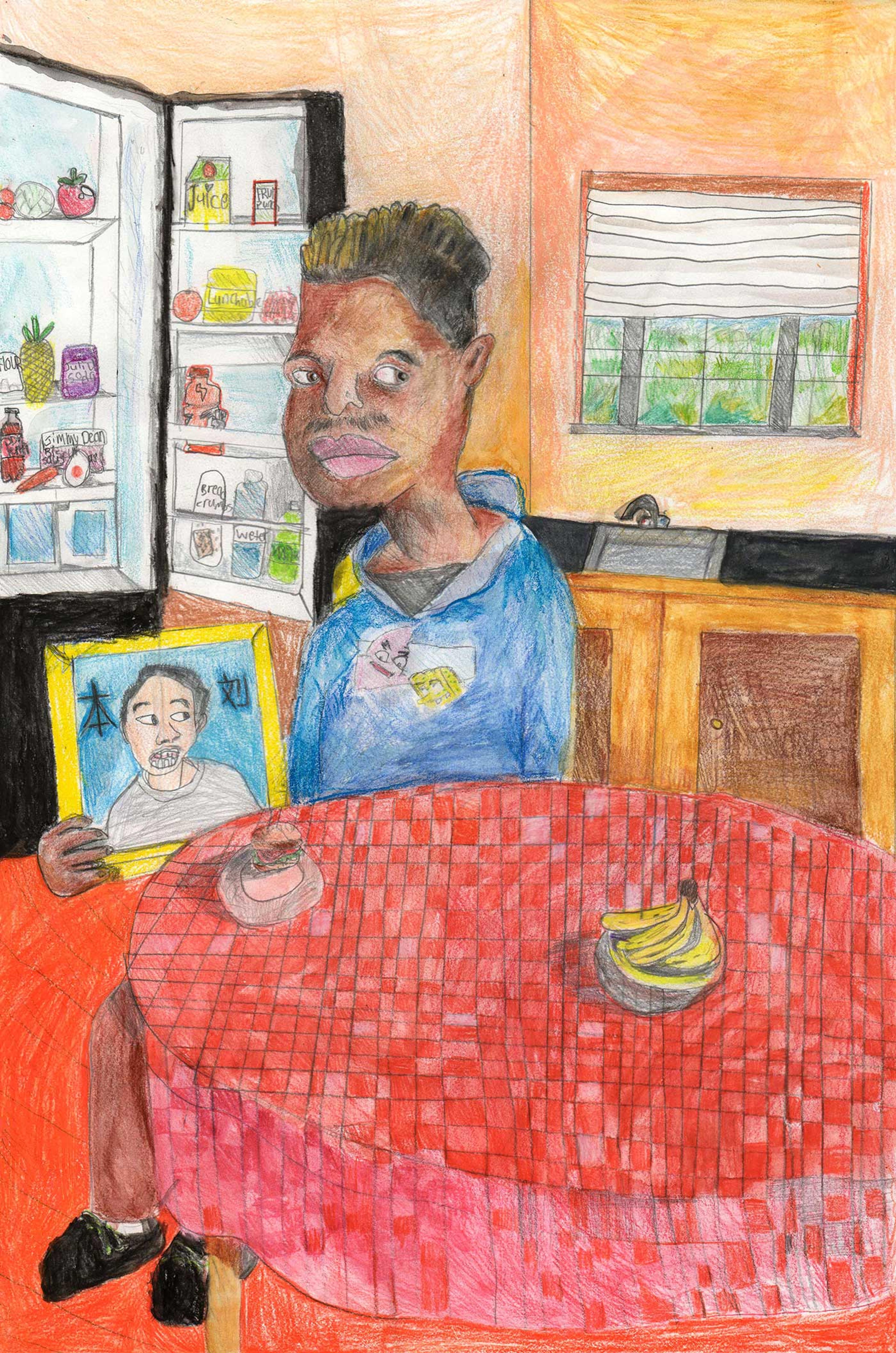 Painting of a boy sitting at a red kitchen table holding a picture of another boy.