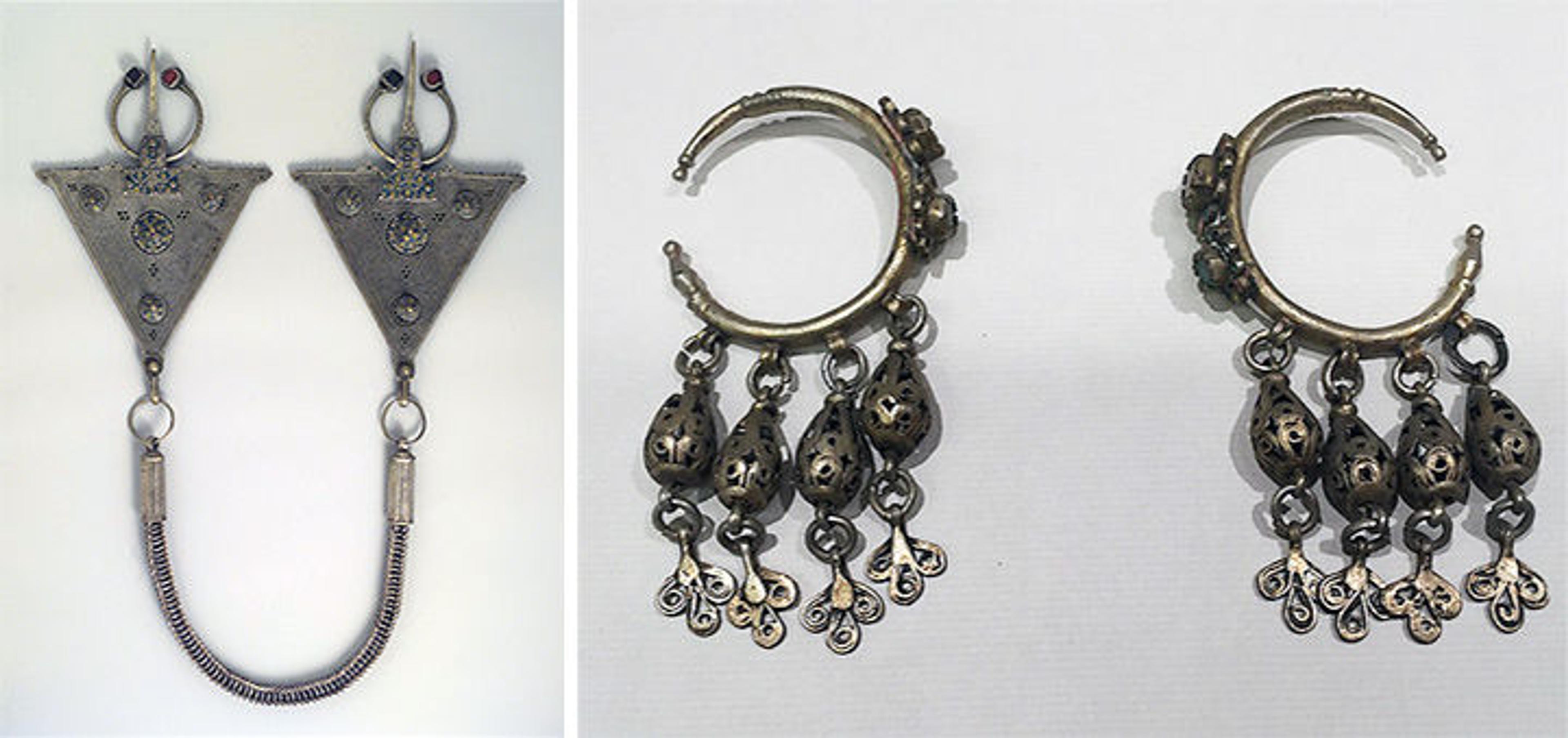 Left: Silver fibulae. Right: Two silver ear ornaments