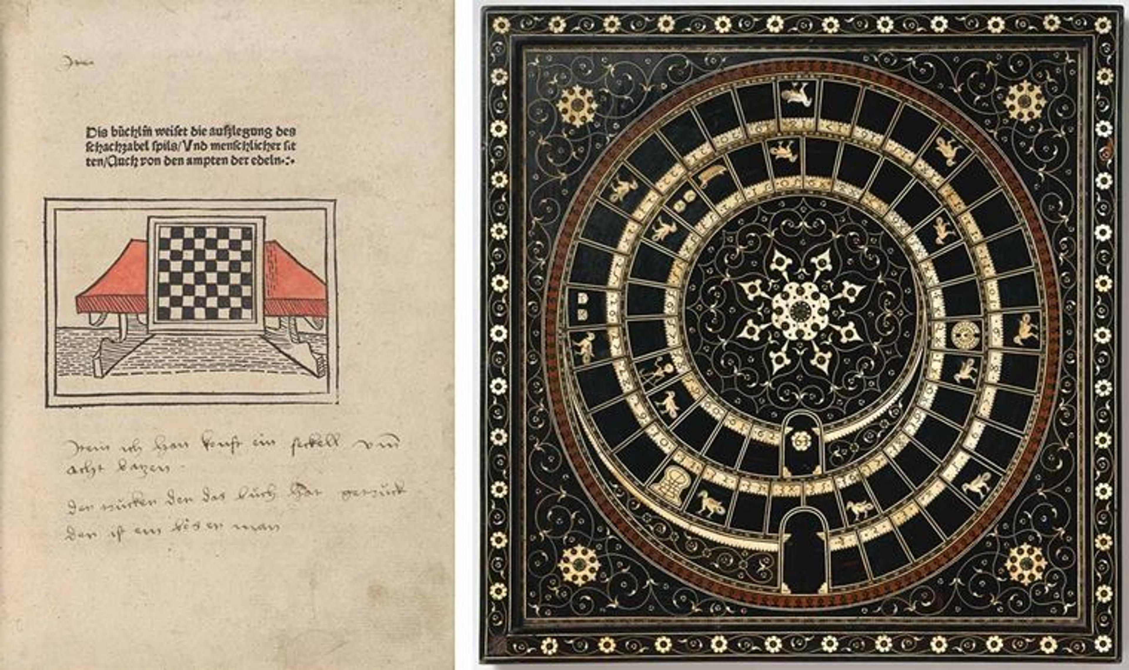 Left: a printed page featuring german text and a drawn image of a chess set on a table. Right: an elegant chess set, carved from precious minerals and ivory.