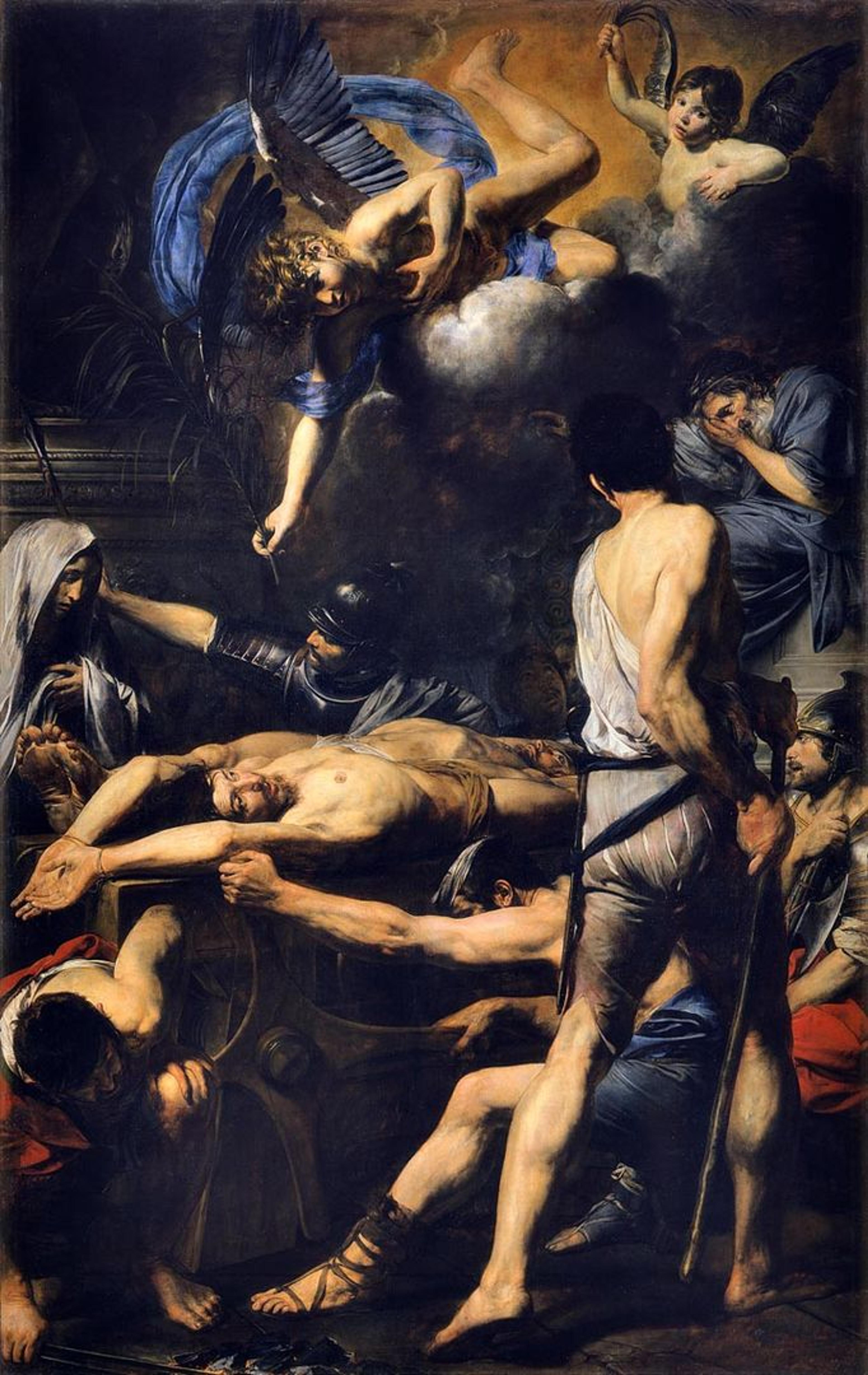 A dark painting from the Italian Baroque showing two saints in agony while being persecuted by soldiers; a cherub hovers above in the heavens