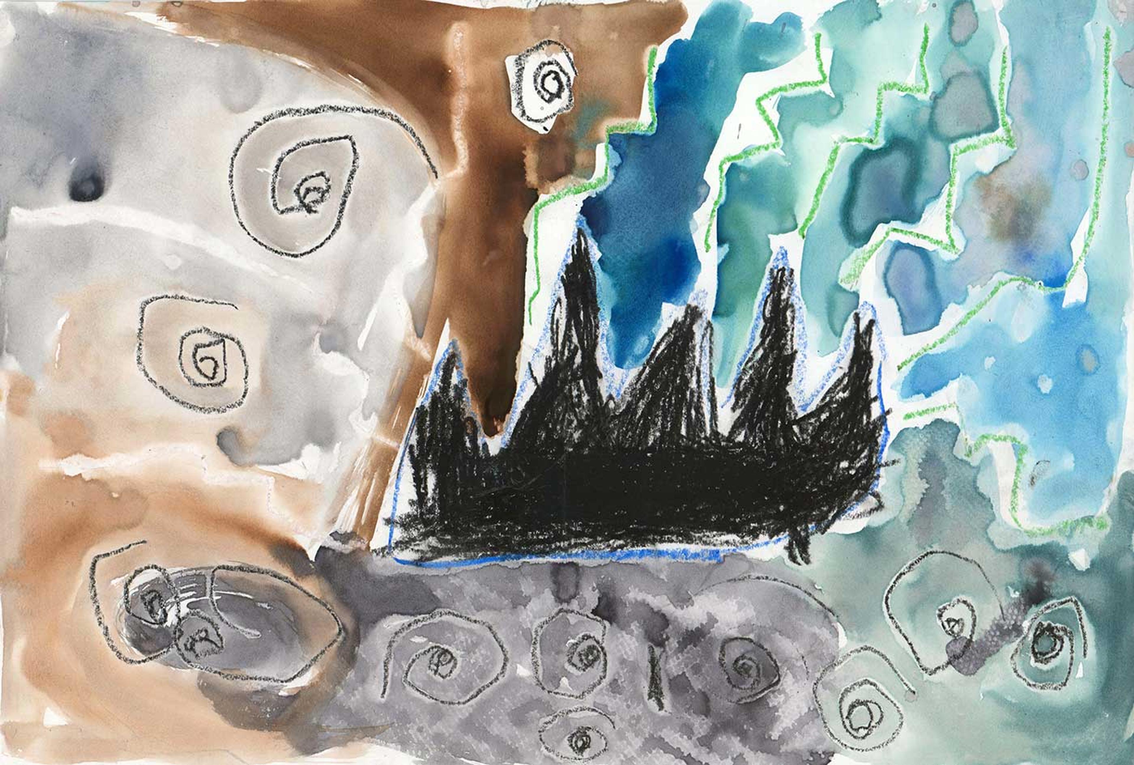 Painting of a black crown with a brown, grey, and blue abstract background.