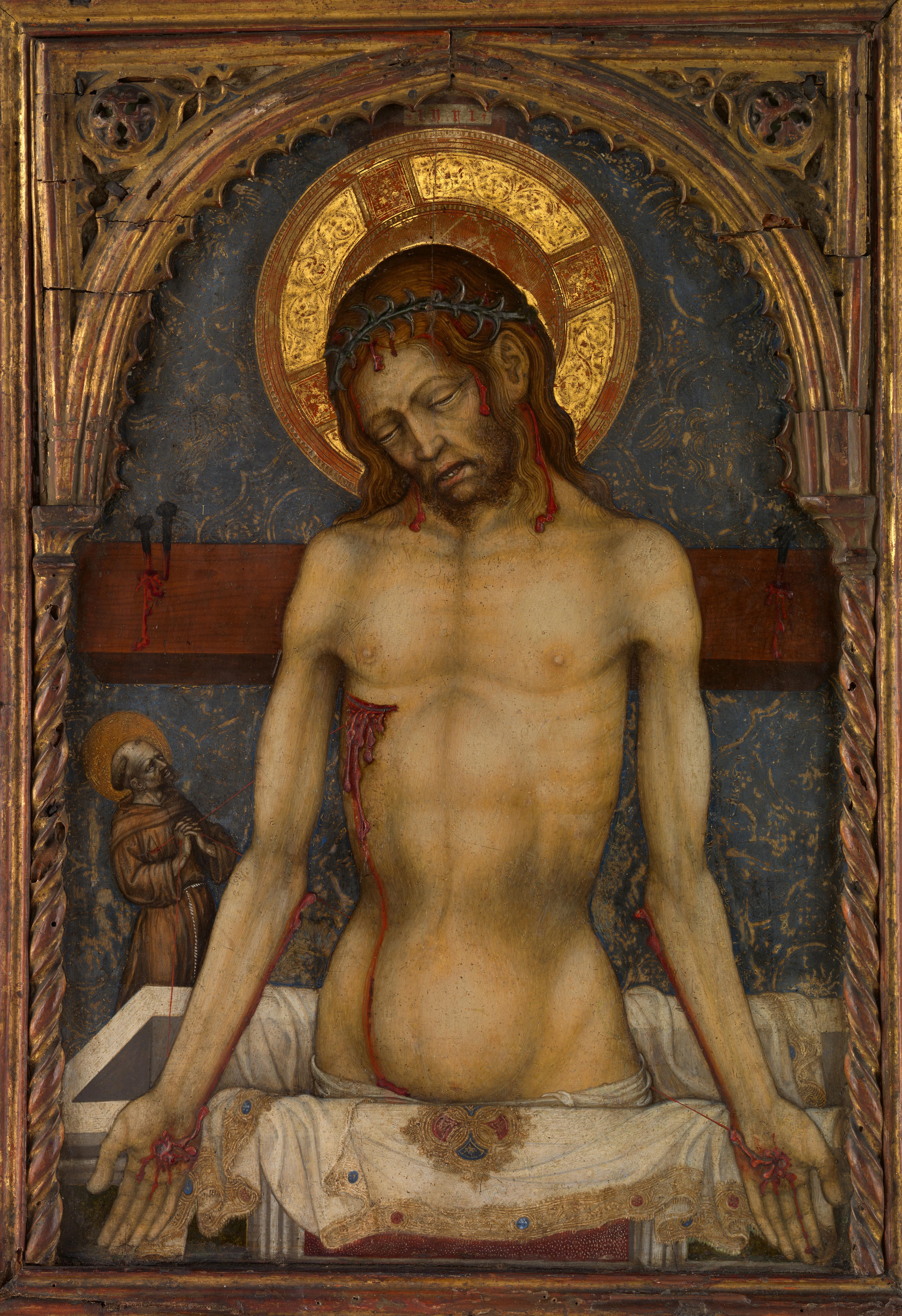 Portrait of Christ with a bleeding gash in his torso, encircled by a golden frame.