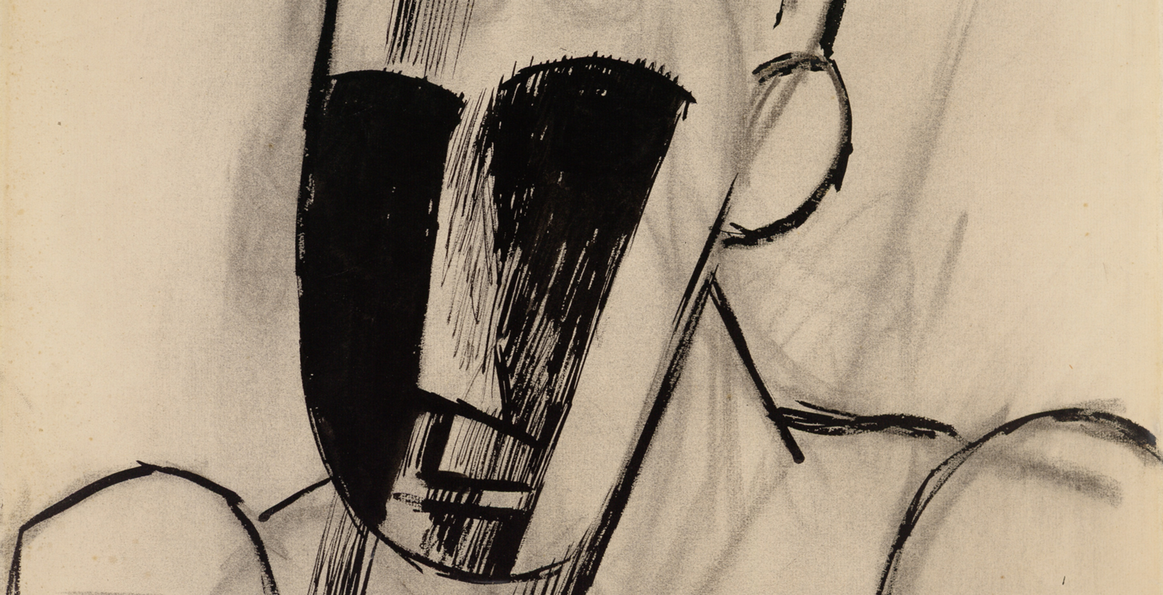 Ink and charcoal painting of a man’s head, shoulders, and almond-shaped eyes with long strokes of black ink coming out of them