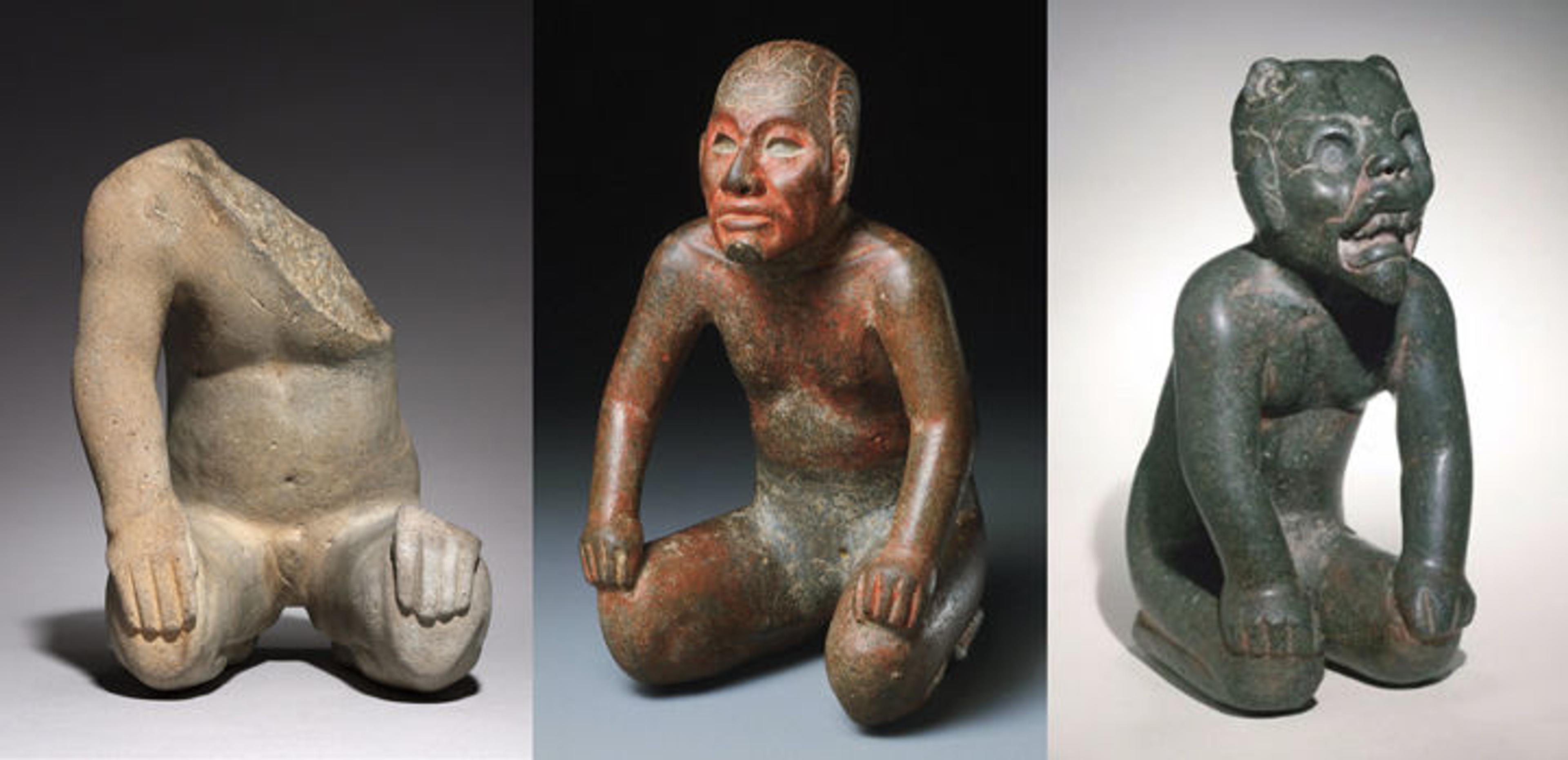 Three examples of various Mexican kneeling figure sculptures from three museum collections