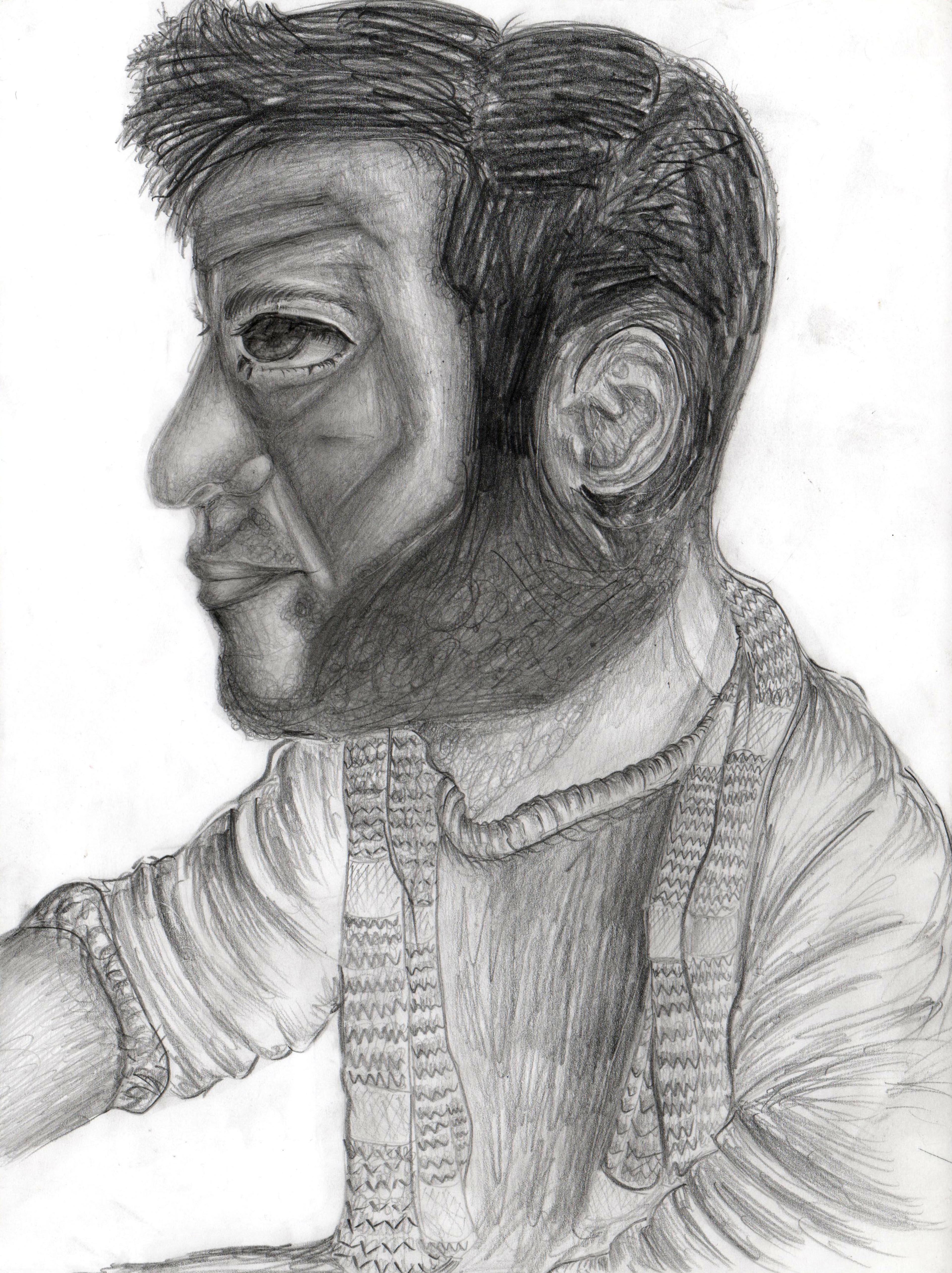 Black-and-white portrait of a bearded man seated and facing left with his face in profile made with pencil. The man's face is darkly shaded, and his thick, dark, closely cropped beard meets thick dark hair atop his head. He wears a loose fitting shirt and scarf with his sleeves rolled up to the elbow. The man's right arm extends left out of the frame, and his left arm hangs below out of the picture. His head is drawn larger in proportion than his body.