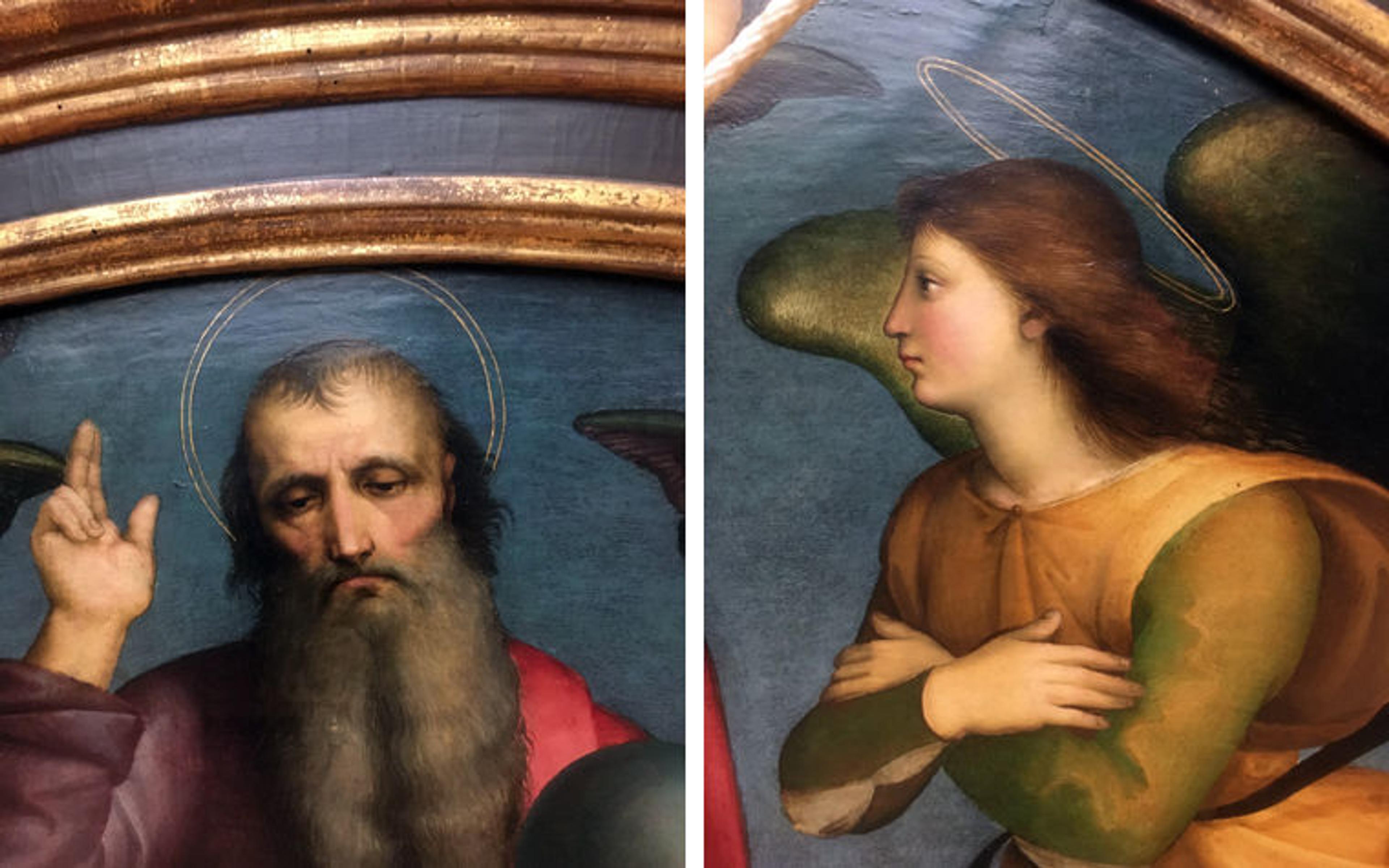 Two detail views of figures in the lunette (top part) of an altarpiece by Raphael