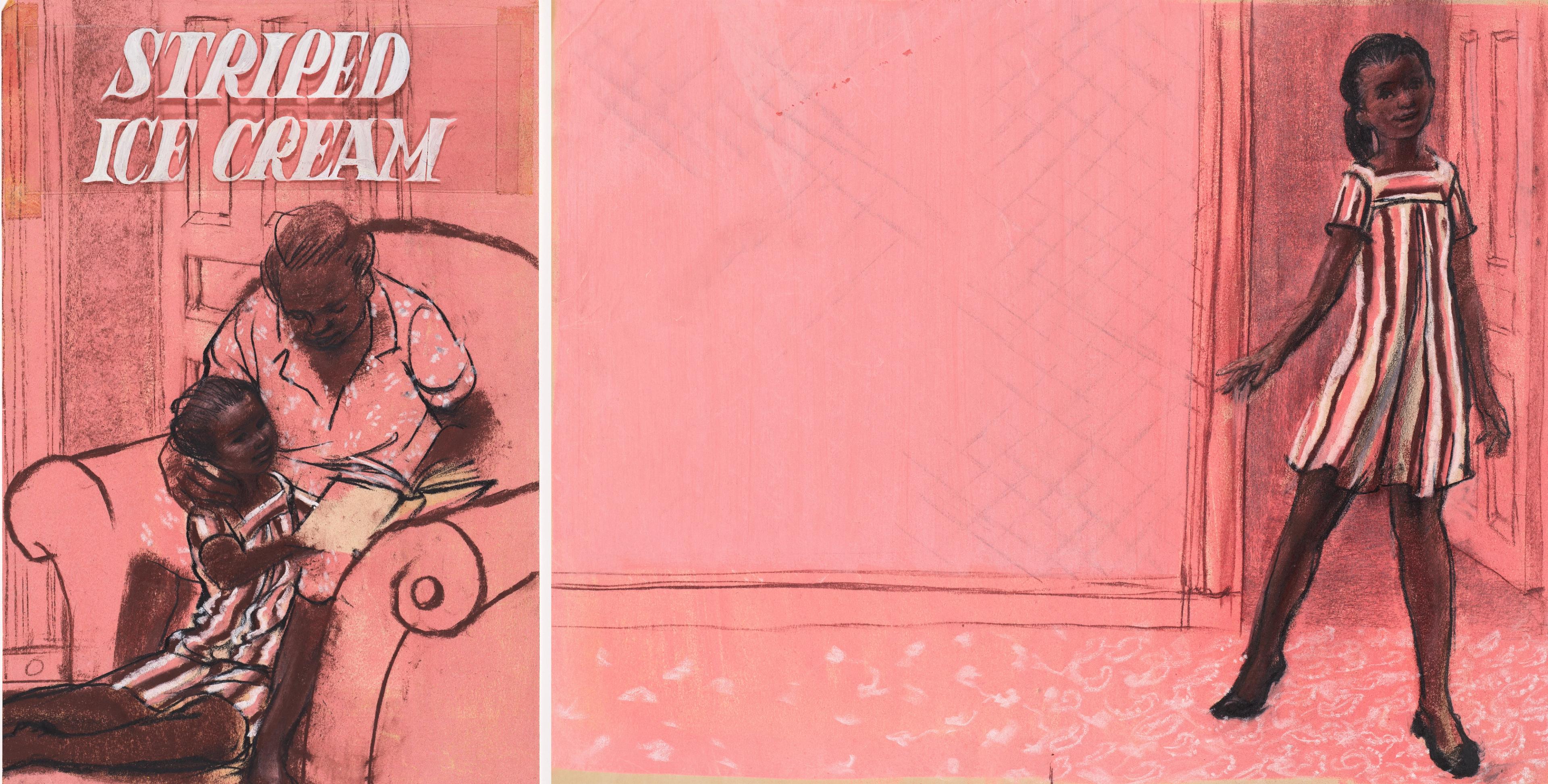 A warm-toned illustration shows a young girl in a striped dress standing and smiling. Nearby, another child sits next to an adult on a couch, both reading a book. The text reads "Striped Ice Cream."