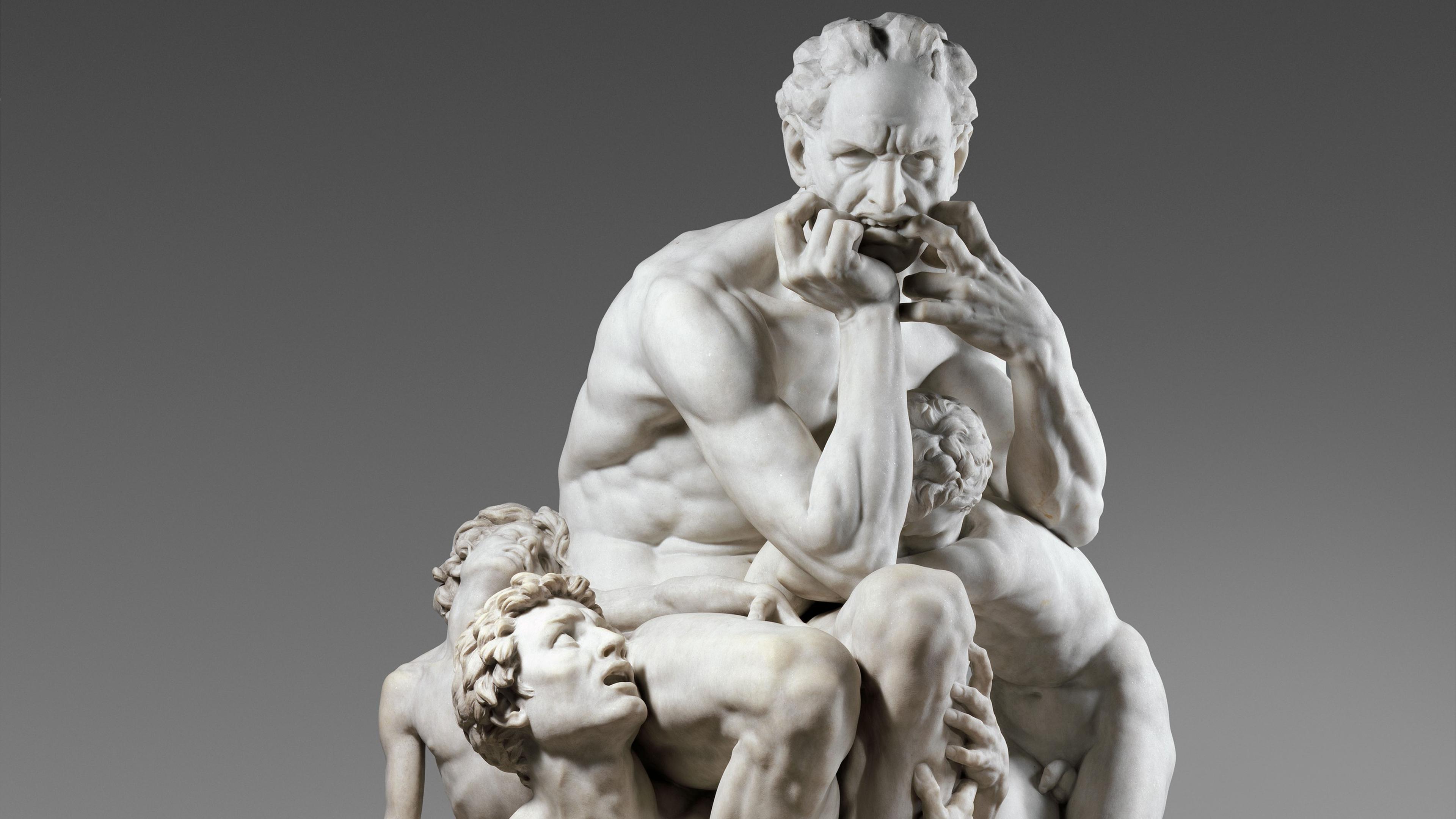 A detailed marble sculpture depicting a muscular, seated man biting his fingers, with multiple entangled figures beneath him, portraying anguish and tension. The background is a plain, gradient gray.