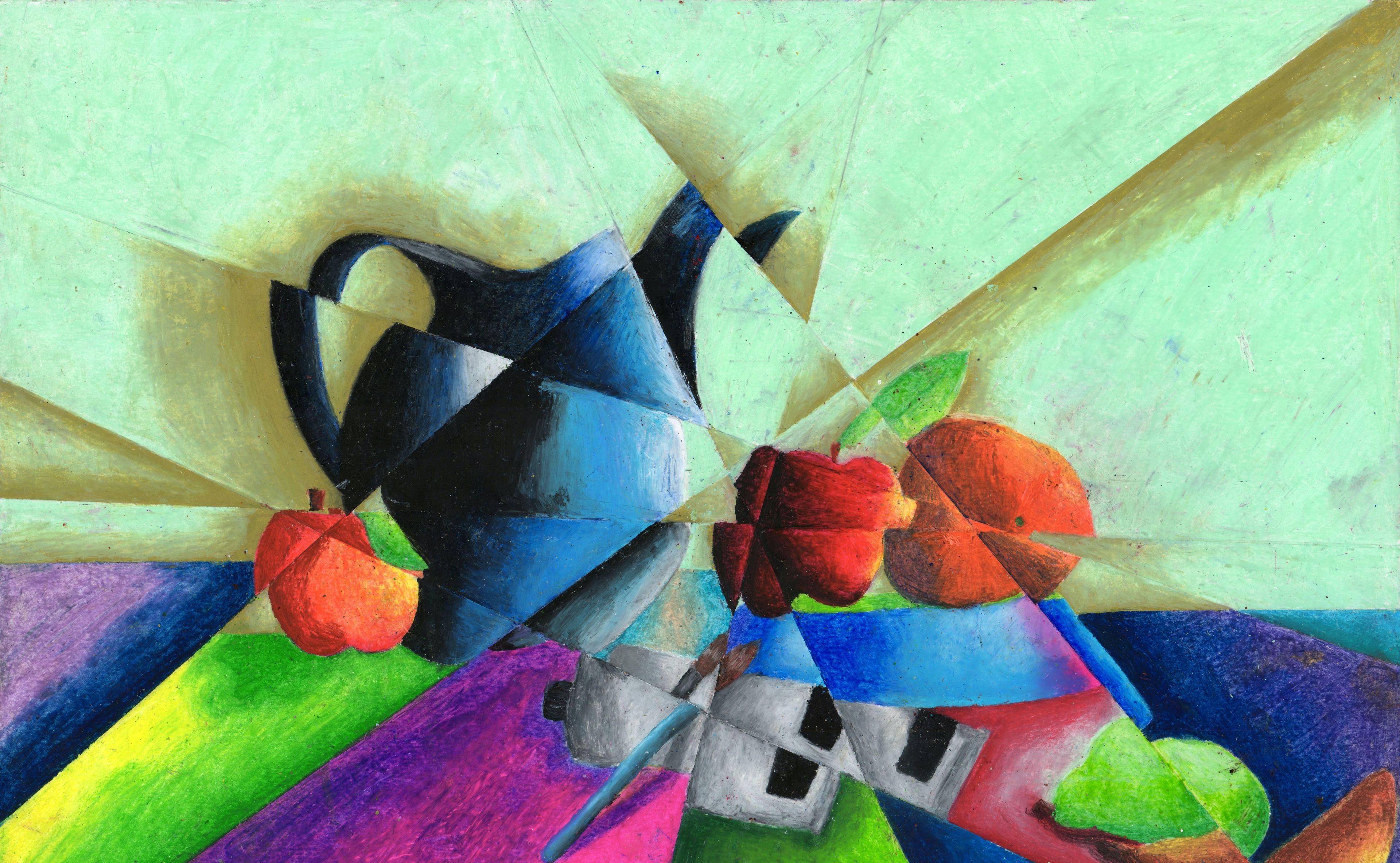 Cubist oil pastel illustration of a still-life scene of red fruits and a blue kettle that appears to be shown at jagged angles through prisms of shattered glass or a broken mirror. The still-life elements rest upon a pale green backdrop. Bold green, magenta, and red panels of jagged color cut through the scene from the top of the image at intersecting diagonal angles.