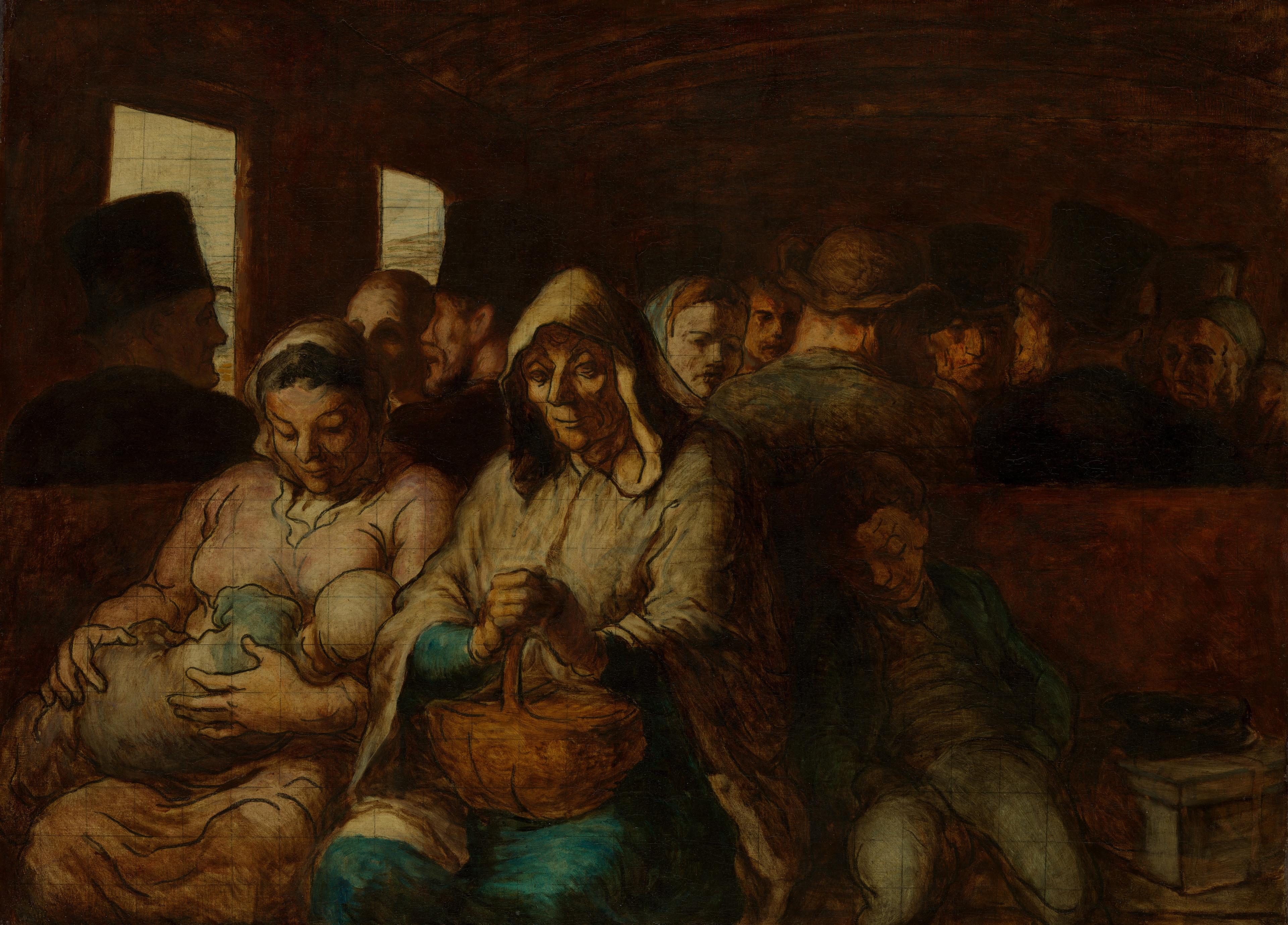 Painting by Honoré Daumier of passengers on a third-class train carriage, with a nursing mother, an elderly woman, and a sleeping boy in the foreground.
