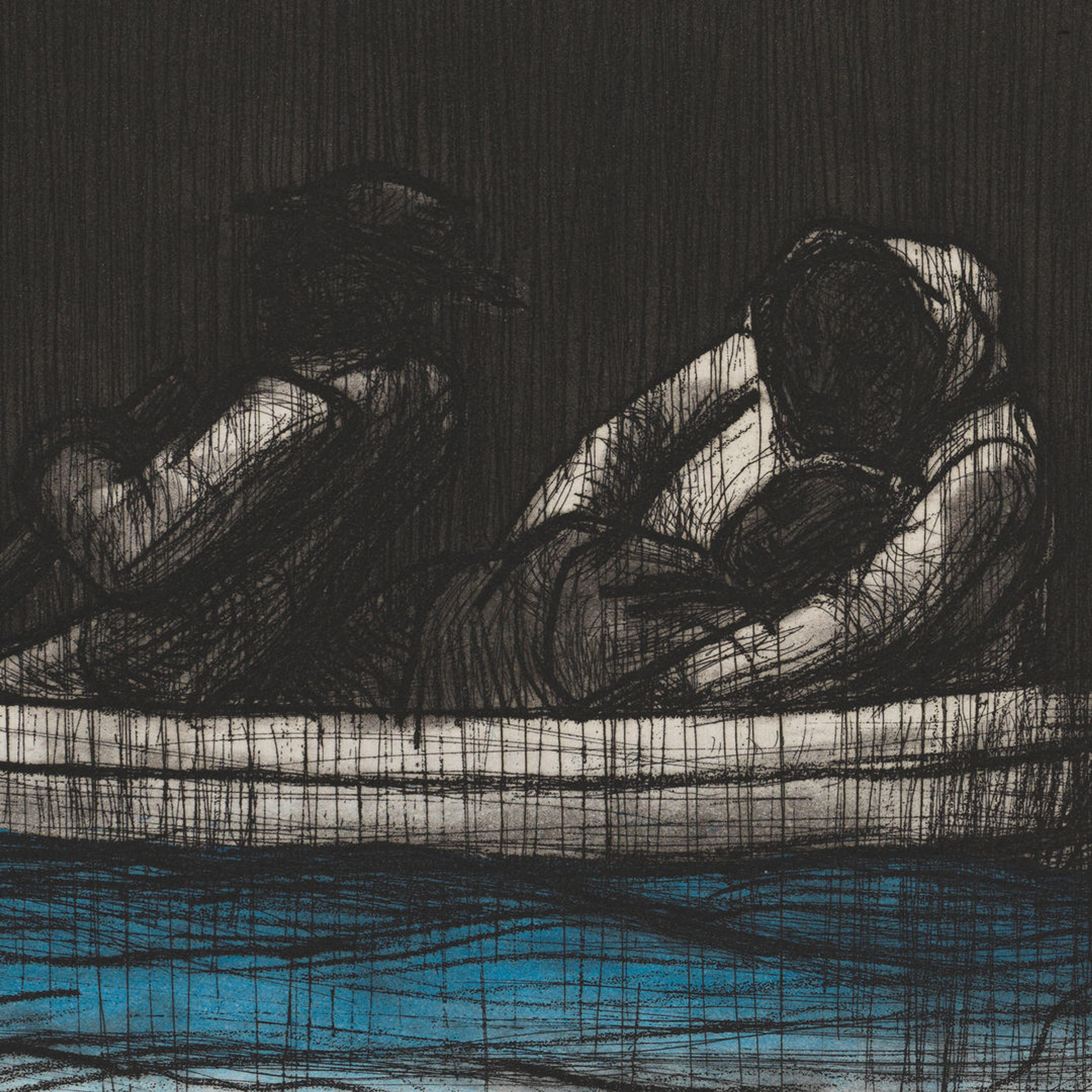 Black shaded drawing of a black boat sailing with threee people.