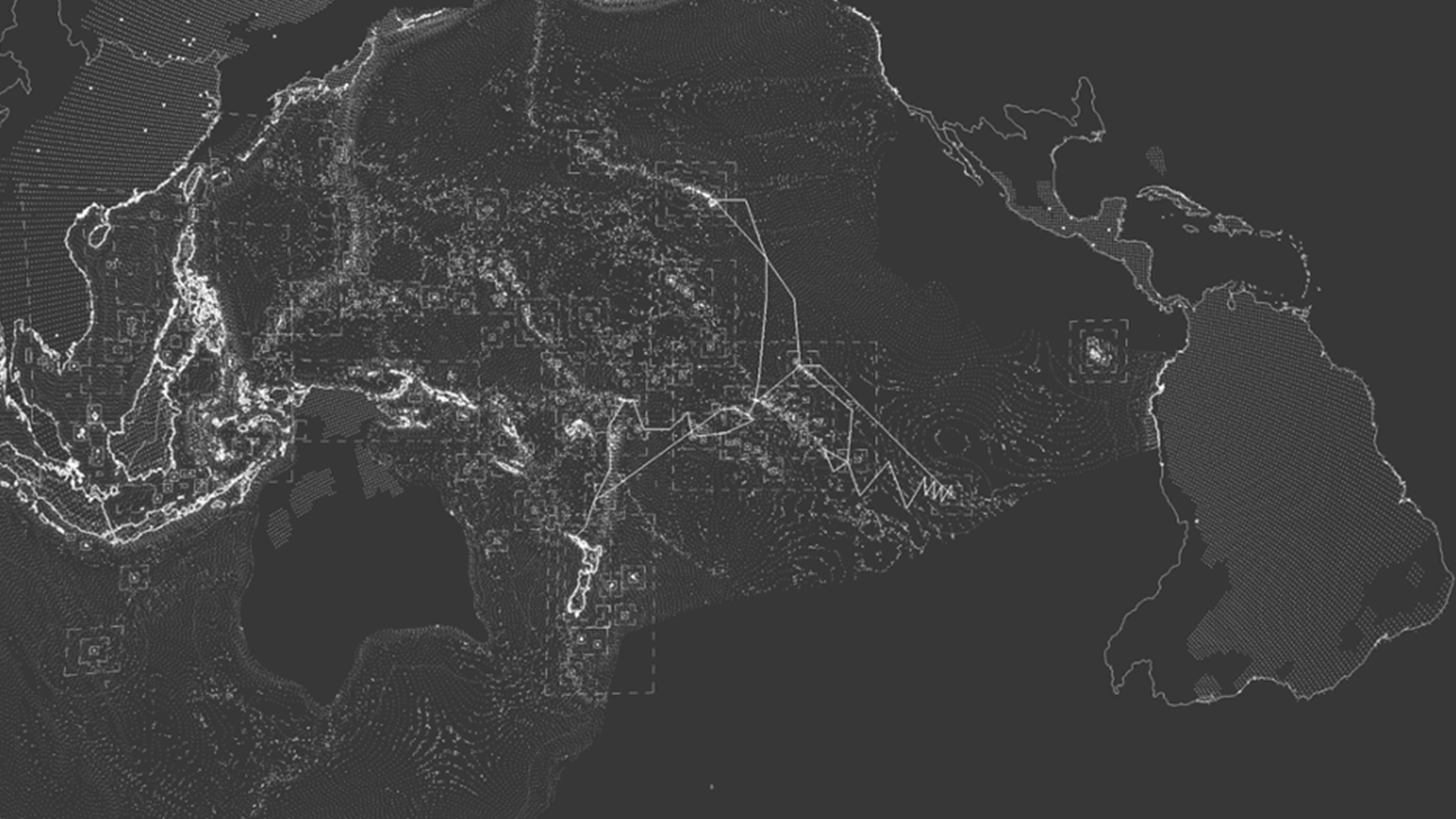 Still from Sean Connelly's Spheric Oceania showing the navigational highways used by Austronesian voyagers and the “grow regions” where canoe plants are distributed