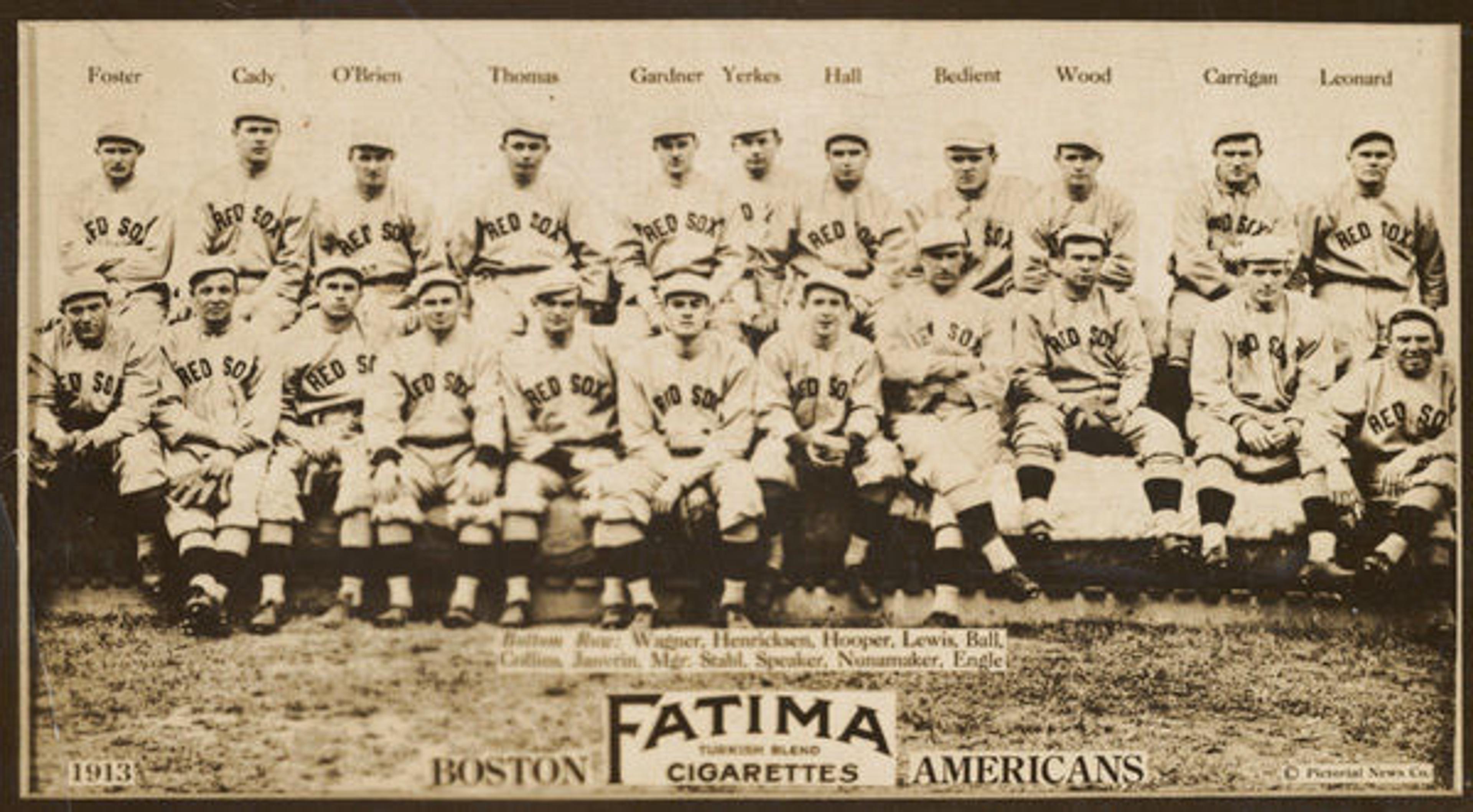 Liggett & Myers Tobacco Company (American, North Carolina). Boston Red Sox, American League, from the Baseball Team series (T200), issued by Liggett & Myers Tobacco Company to promote Fatima Turkish Blend Cigarettes, 1913. Photograph; sheet: 2 11/16 x 4 3/4 in. (6.9 x 12.1 cm). The Metropolitan Museum of Art, New York, The Jefferson R. Burdick Collection, Gift of Jefferson R. Burdick (63.350.246.200.1). Photographic copyright, The Pictorial News Co.