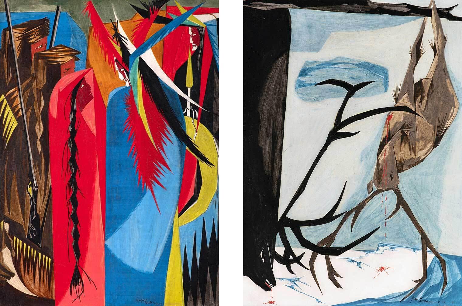 Left: A painting of several Indigenous people gathered together. Right: A painting of a hunted bear and deer hanging from a tree