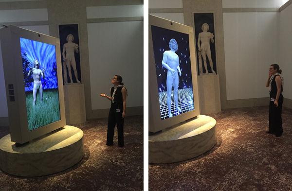 The digital avatar of "Adam" comes alive during rehearsals in gallery 504.