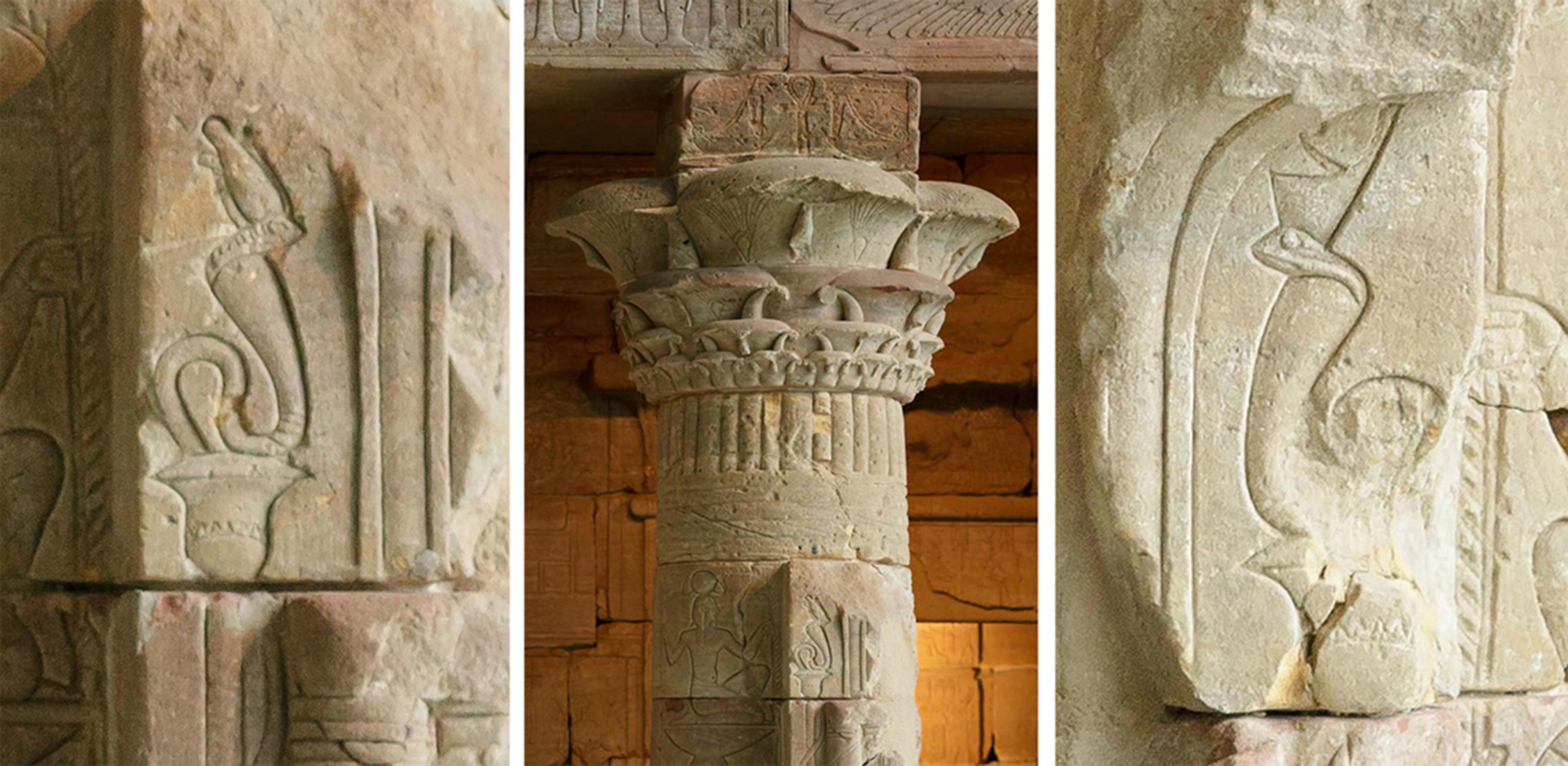 Left: Cobra with Upper Egyptian crown, representing southern Egypt, on the south column. Center: South column. Right: Cobra with Lower Egyptian crown, representing the north part of Egypt, on the north column.