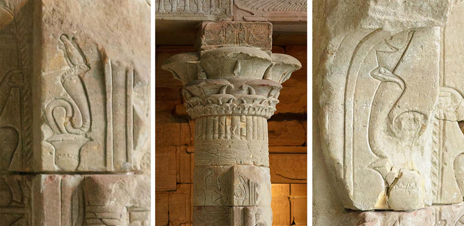 Left: Cobra with Upper Egyptian crown, representing southern Egypt, on the south column. Center: South column. Right: Cobra with Lower Egyptian crown, representing the north part of Egypt, on the north column.