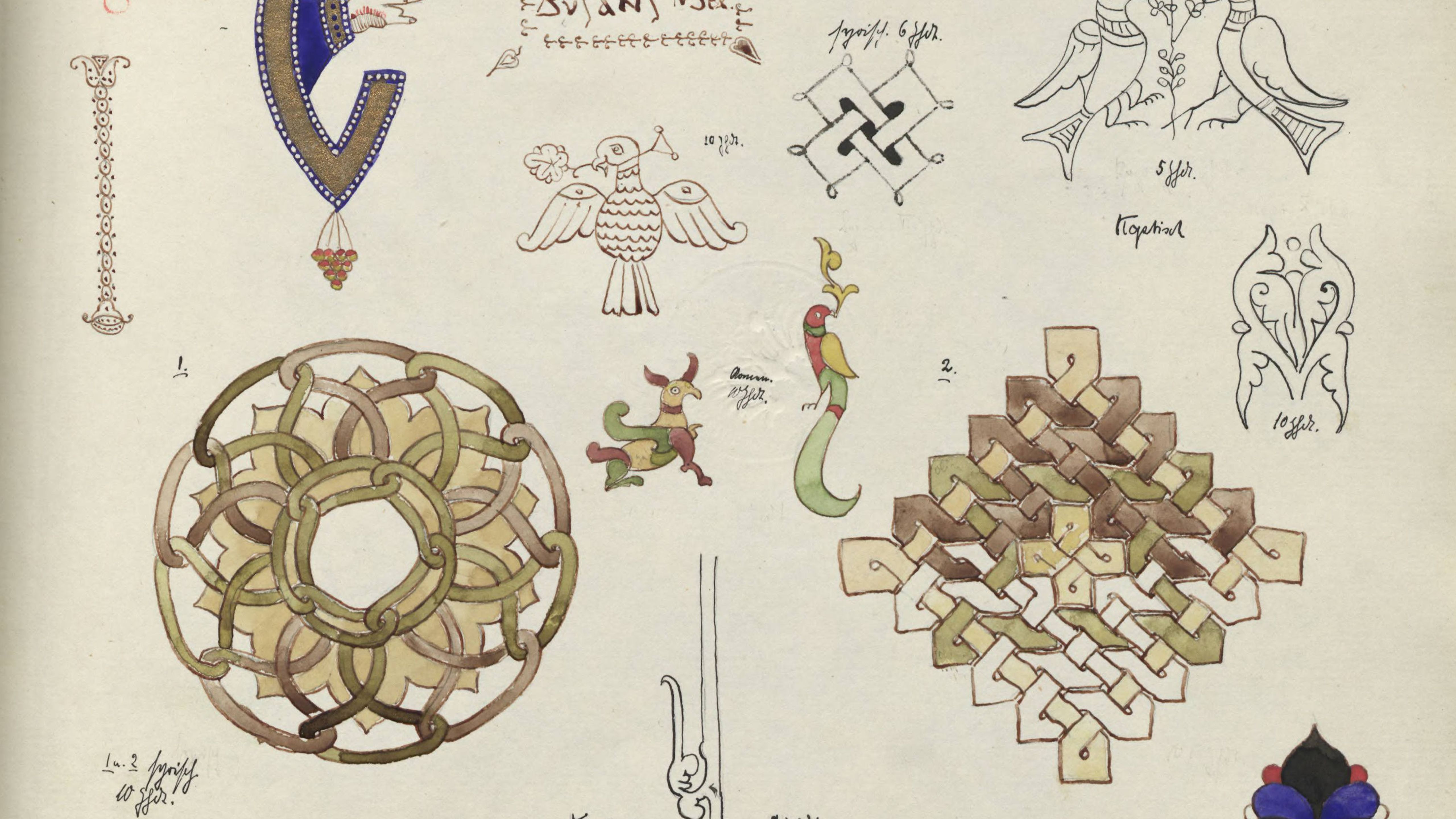 A sketchbook page shows various "Byzantine" and "Coptic" ornaments copied from a textbook in watercolor and ink. Ernst Herzfeld Papers, The Metropolitan Museum of Art, eeh1689