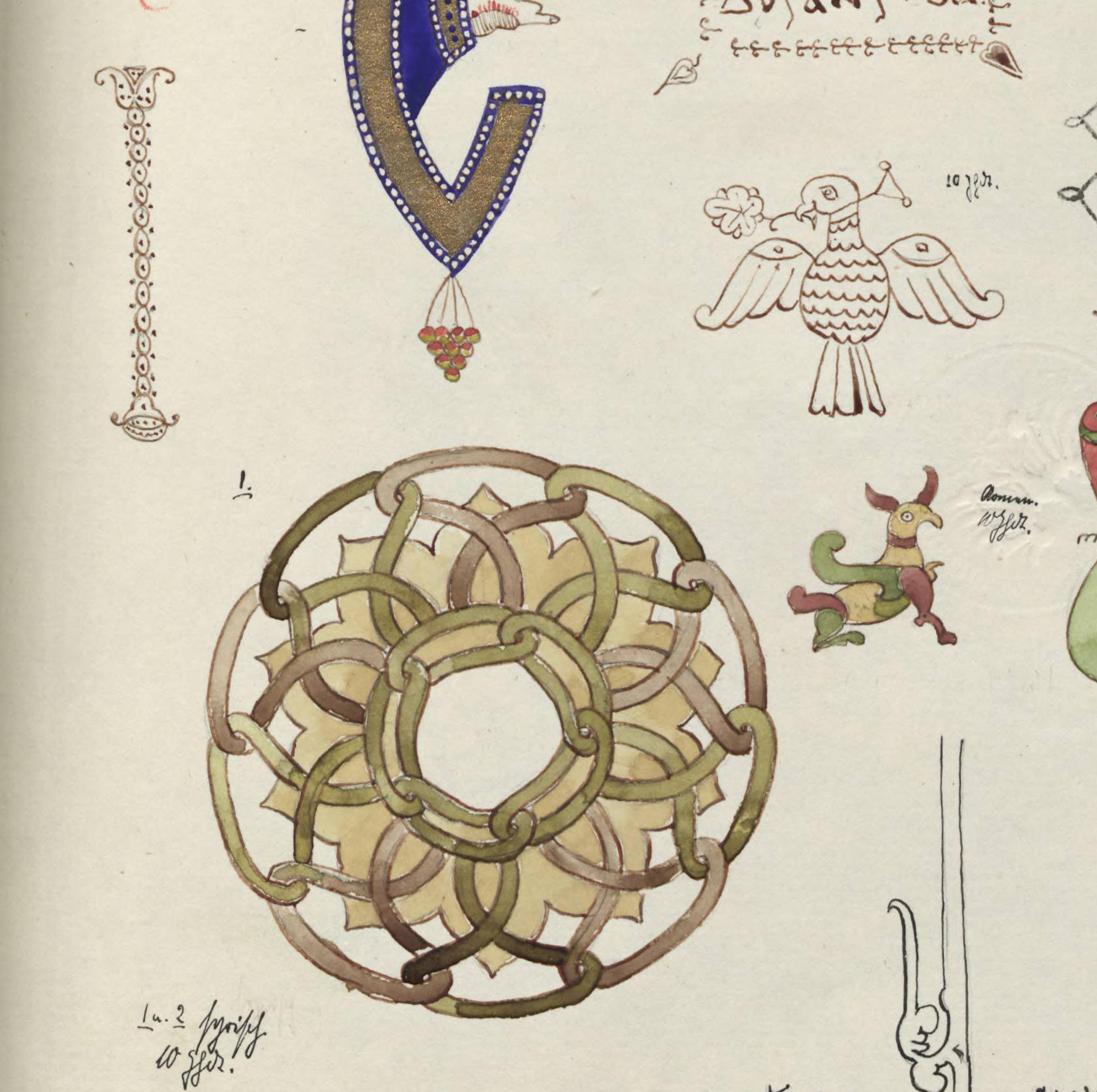A sketchbook page shows various "Byzantine" and "Coptic" ornaments copied from a textbook in watercolor and ink. Ernst Herzfeld Papers, The Metropolitan Museum of Art, eeh1689