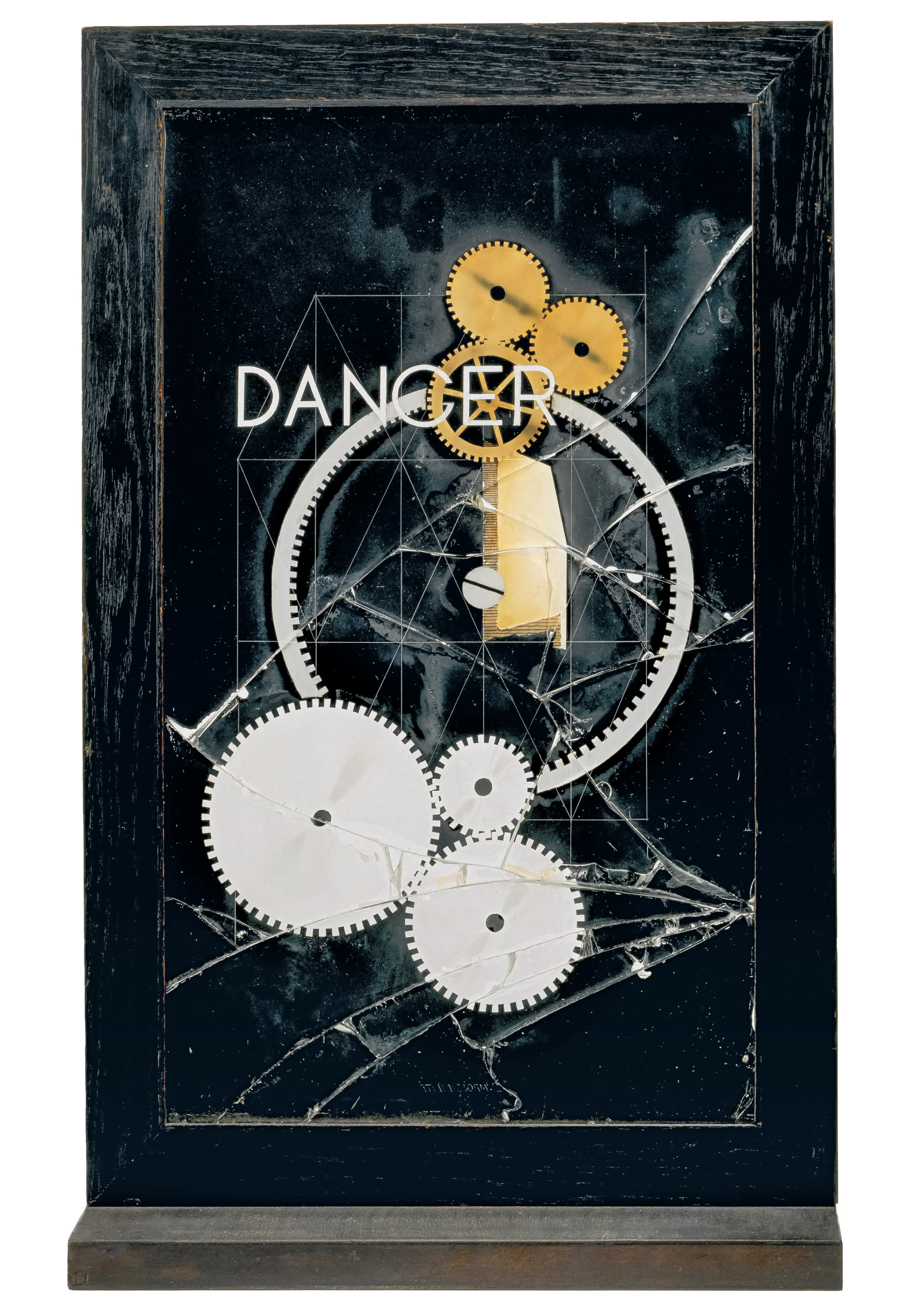 Three interlocking golden round gears, a clock-like mechanism, shattered glass, geometric lines, and with a printed work that can be read as "DANCER” or "DANGER" with a black background.