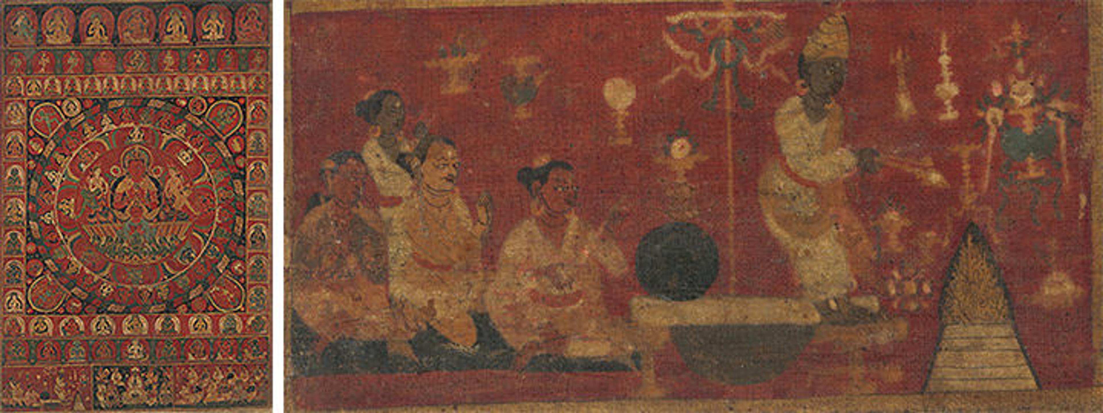Mandala of Sun God Surya with detail of priest performing puja