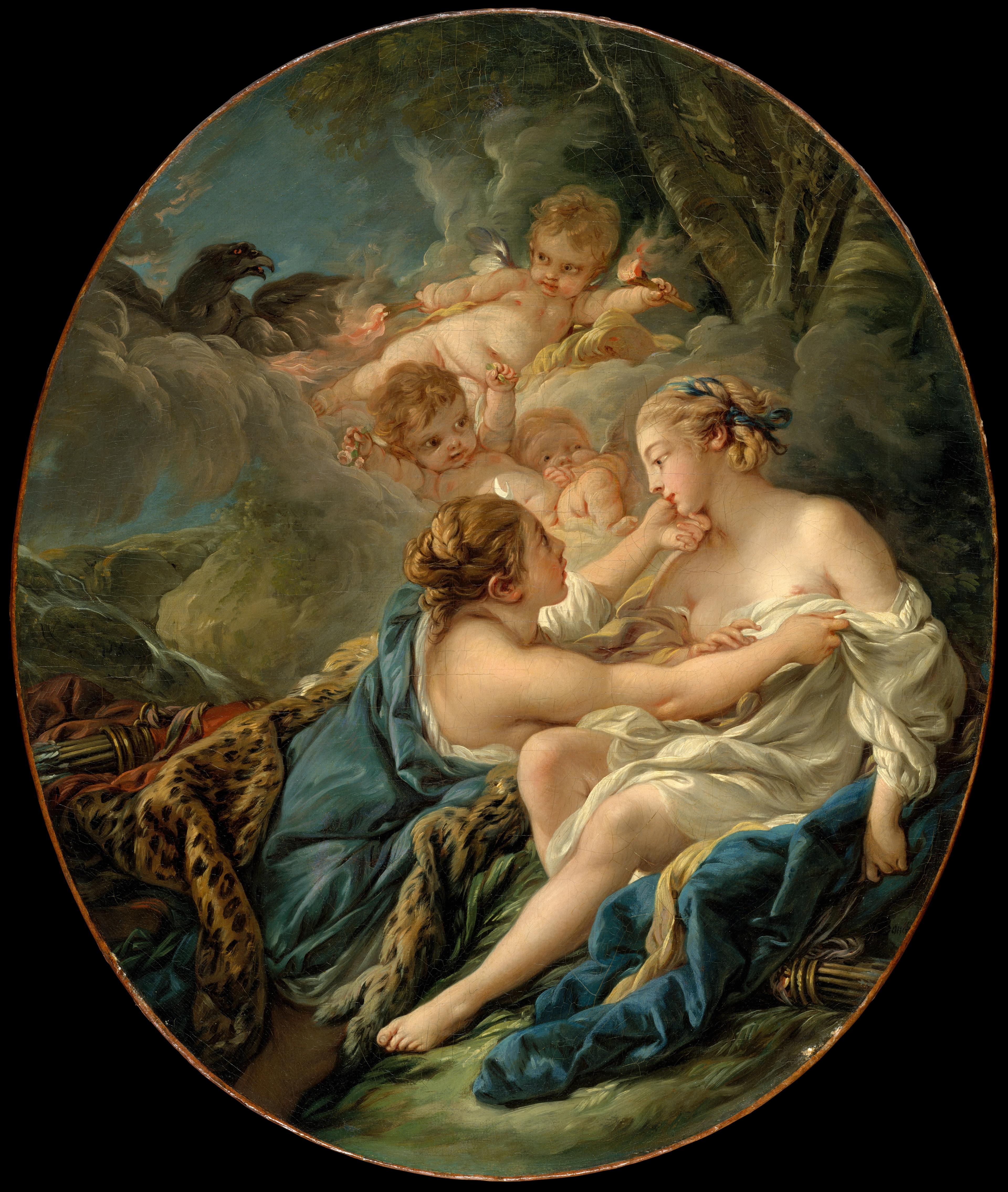 Two women caress each other while a dark gray bird and babies watch from the background.
