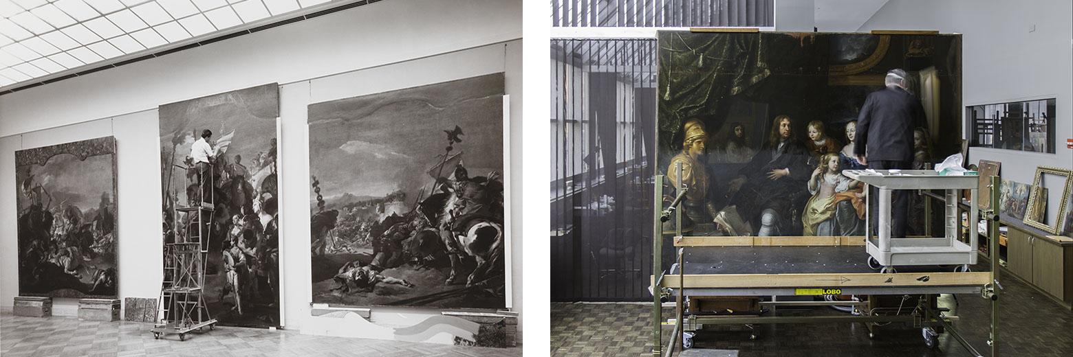 Left: A conservator standing on a ladder working on Tiepolo’s The Triumph of Marius; Right: A conservator standing on a scaffold treating a large painting.