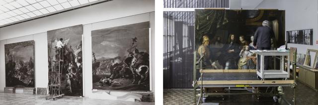 Left: A conservator standing on a ladder working on Tiepolo’s The Triumph of Marius; Right: A conservator standing on a scaffold treating a large painting.