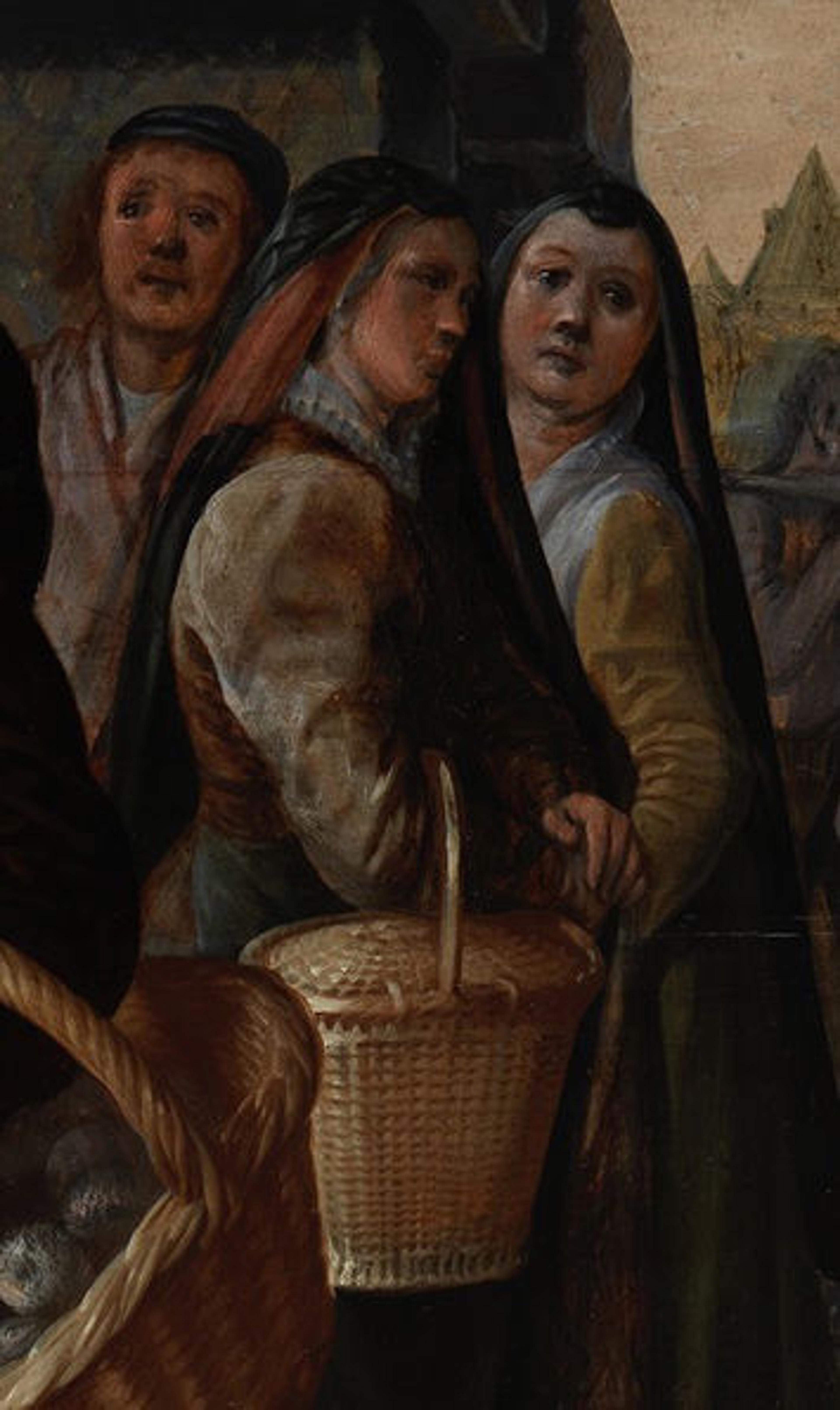 Detail of painting showing two women in the background at the fish market