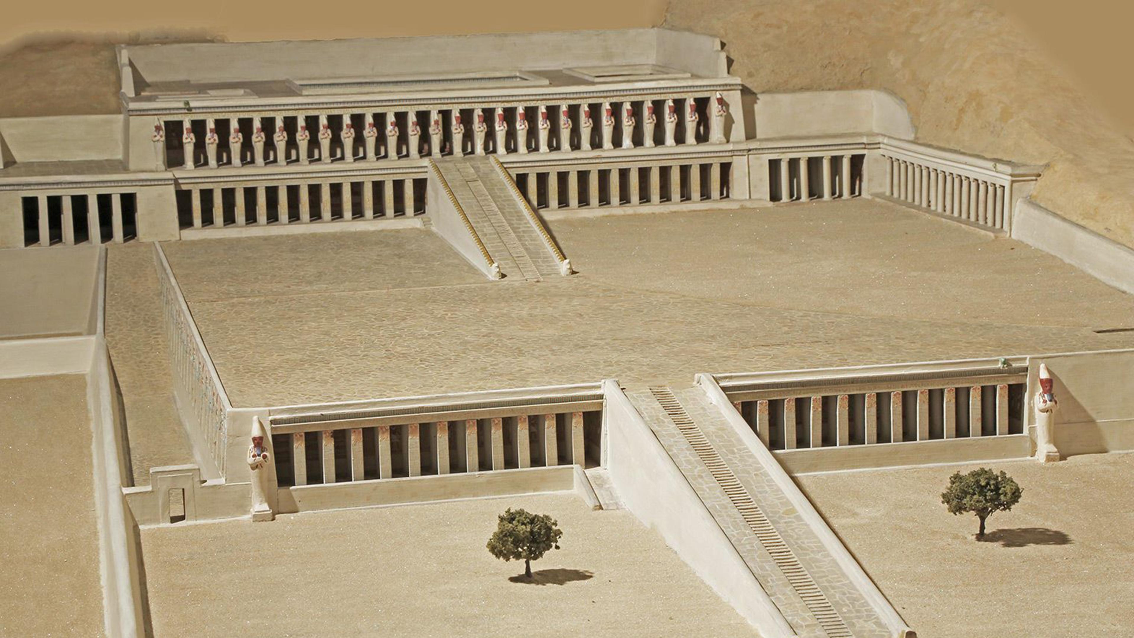 The model of the temple of Hatshepsut at Deir el-Bahri with the triple tiered pillared halls and the connecting ramps