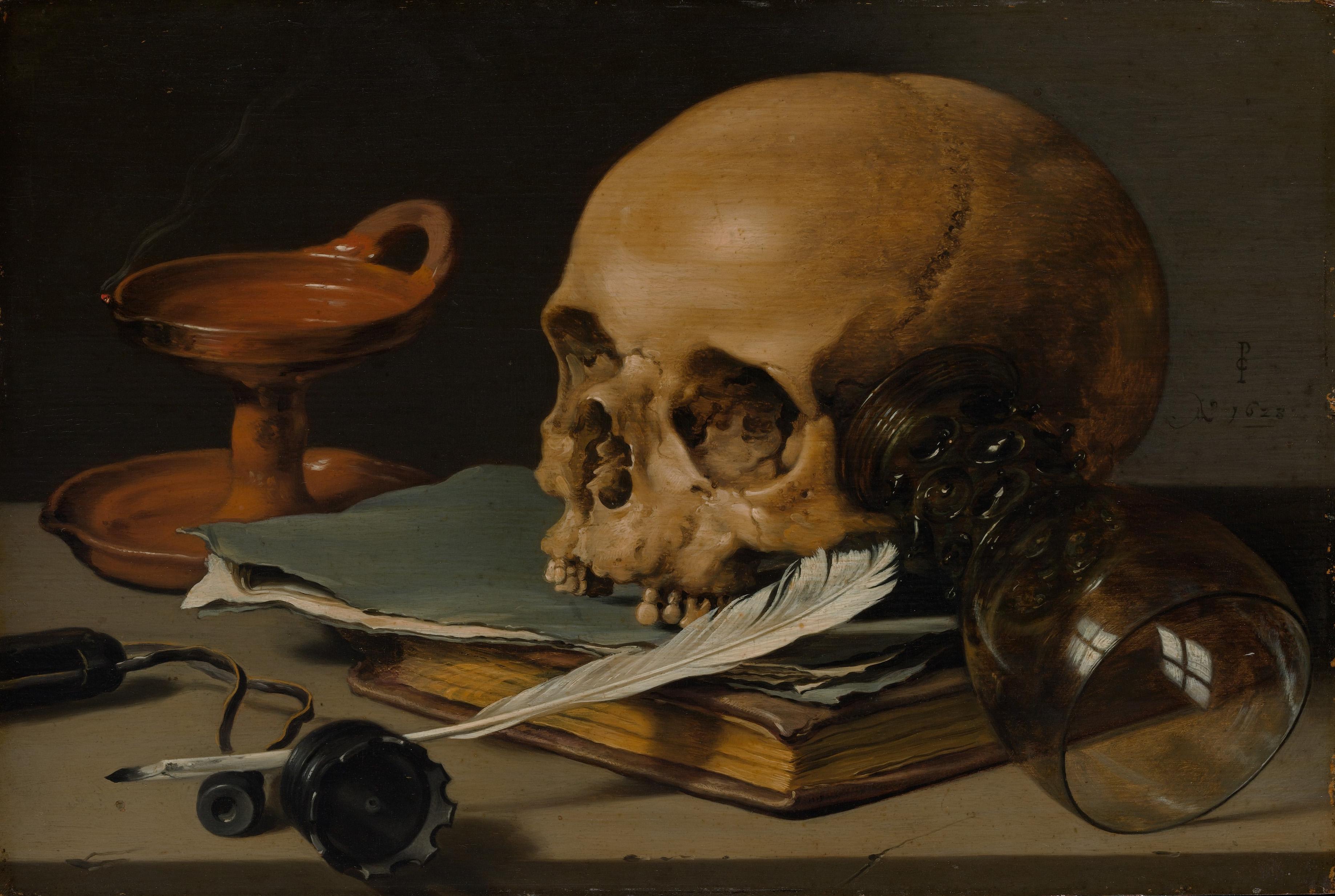 Still life painting of a human skull, a book, a white feather, and a glass goblet.