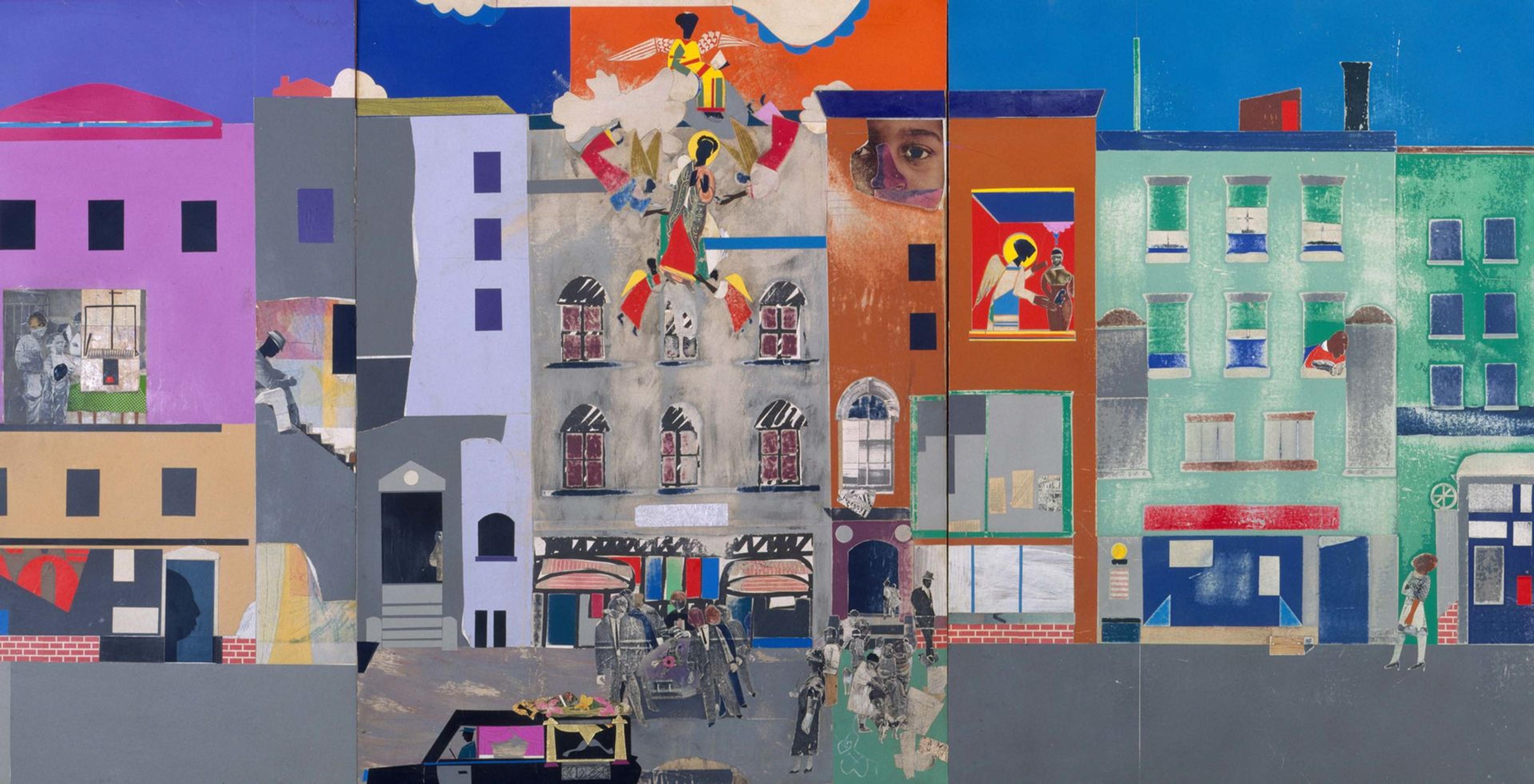 Detail of Romare Bearden's "The Block," a collage of diverse elements including urban scenes, portraits, and abstract shapes in a vibrant composition.