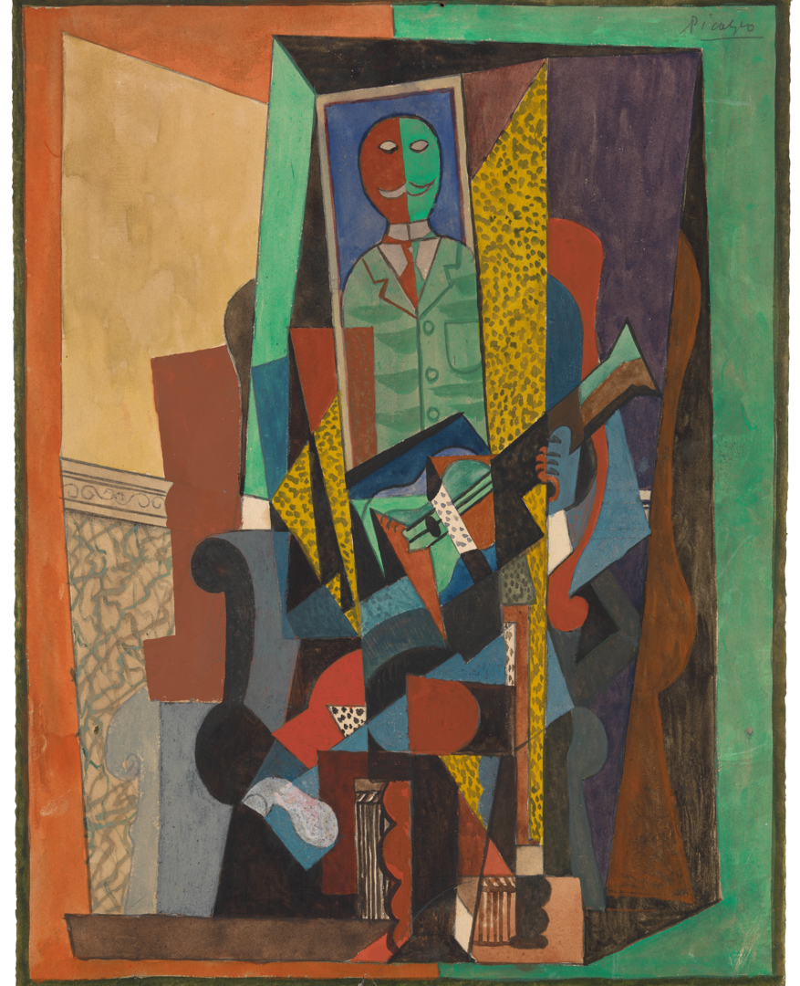 Painting of a mustachioed man holding a guitar with an environment of interlocking colored planes