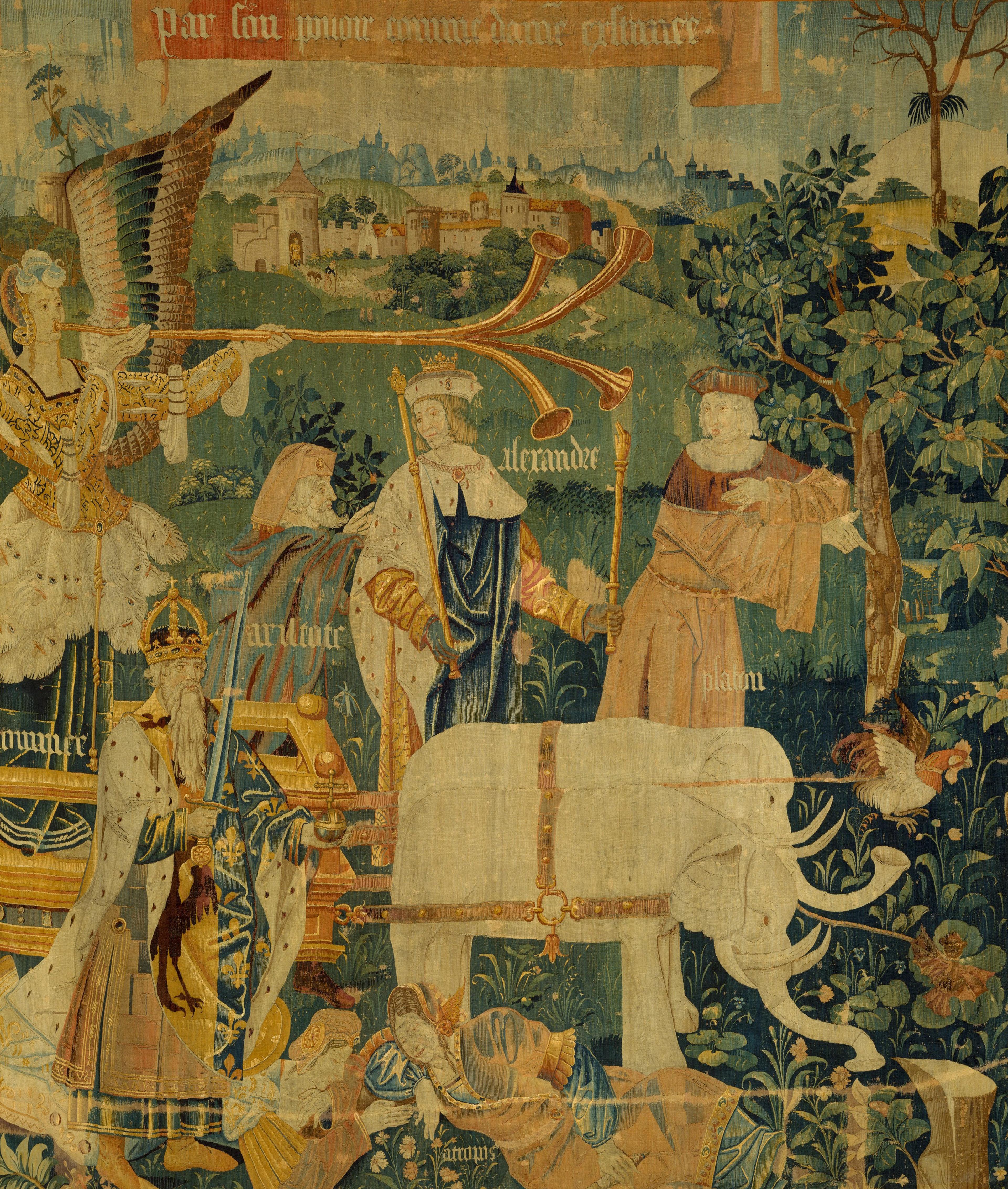 Tapestry depicting white elephants pulling a golden chariot carrying a winged figure sounding a trumpet.