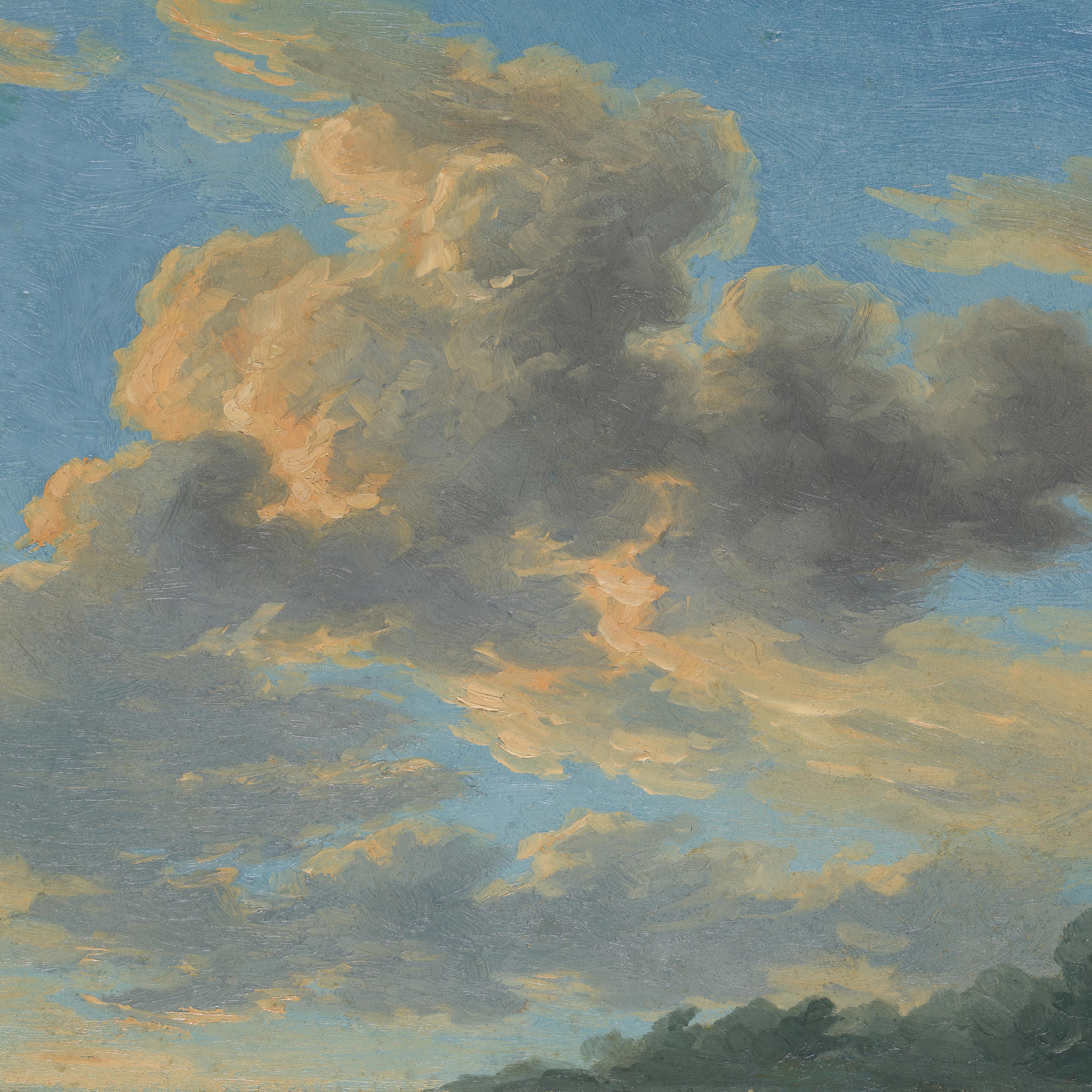 Bright blue sky with large, fluffy clouds painted in soft grays and warm, golden highlights.