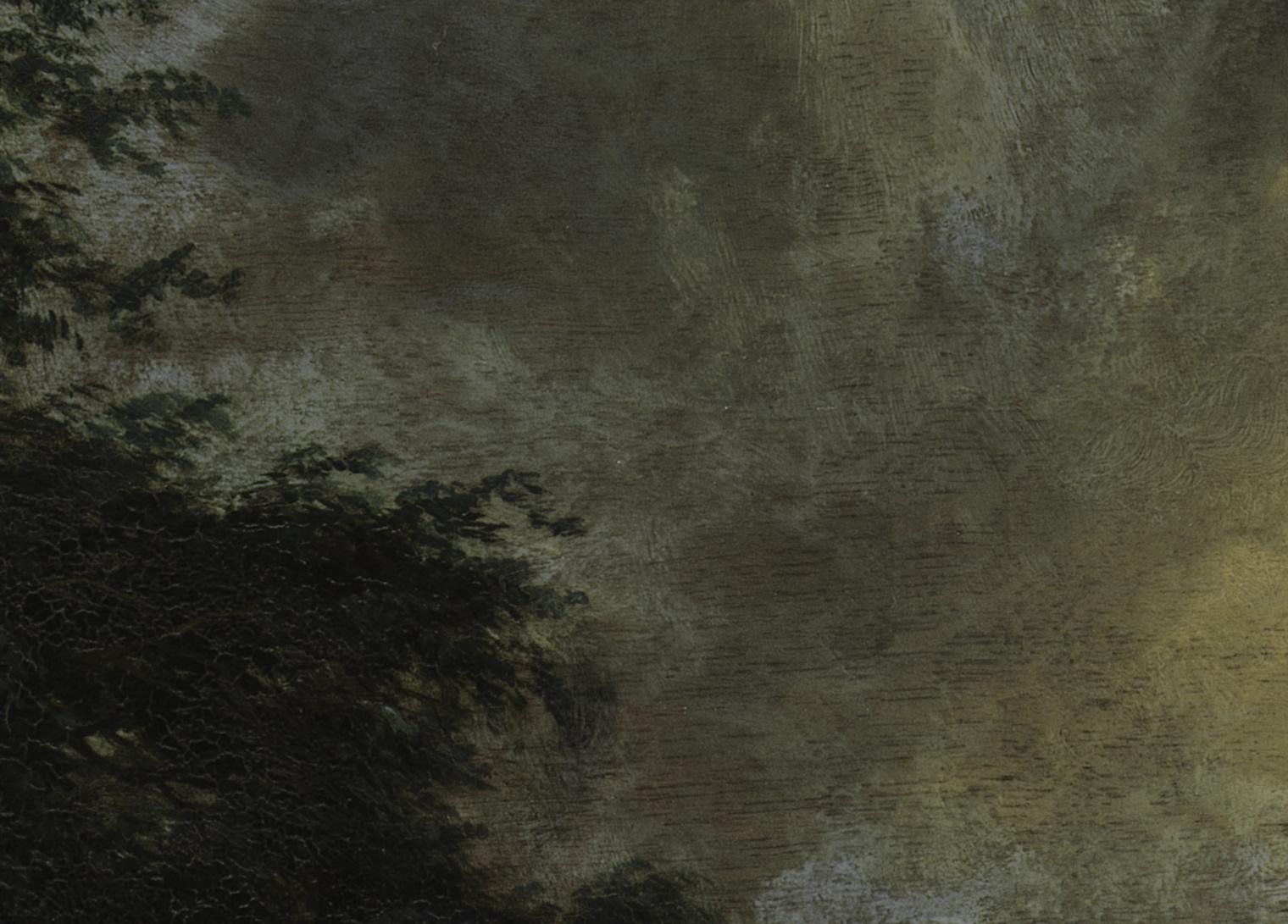 Painting detail with swirling dark colors, showing the edge of a tree canopy against a cloudy sky.
